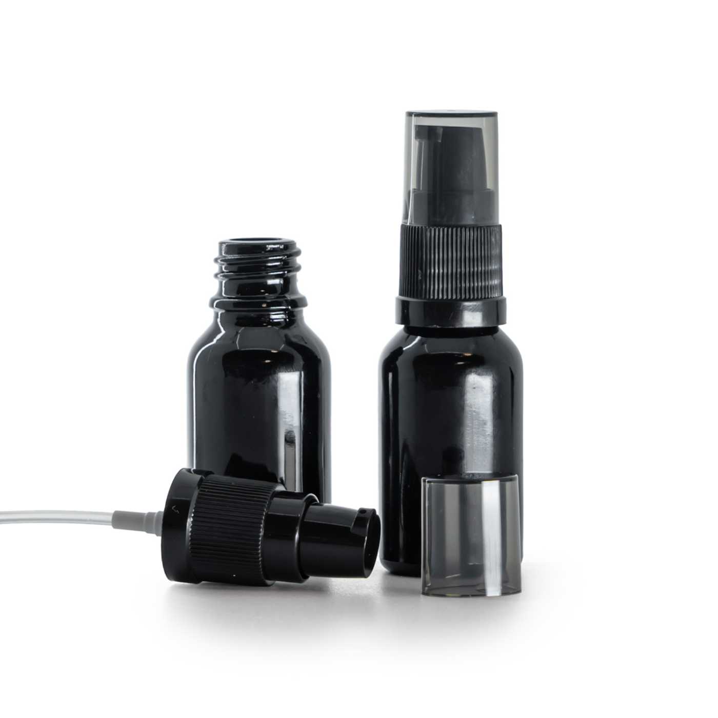Skleněná lahvička, černá lesklá, dávkovač krému s dýmovým krytem, 15 ml