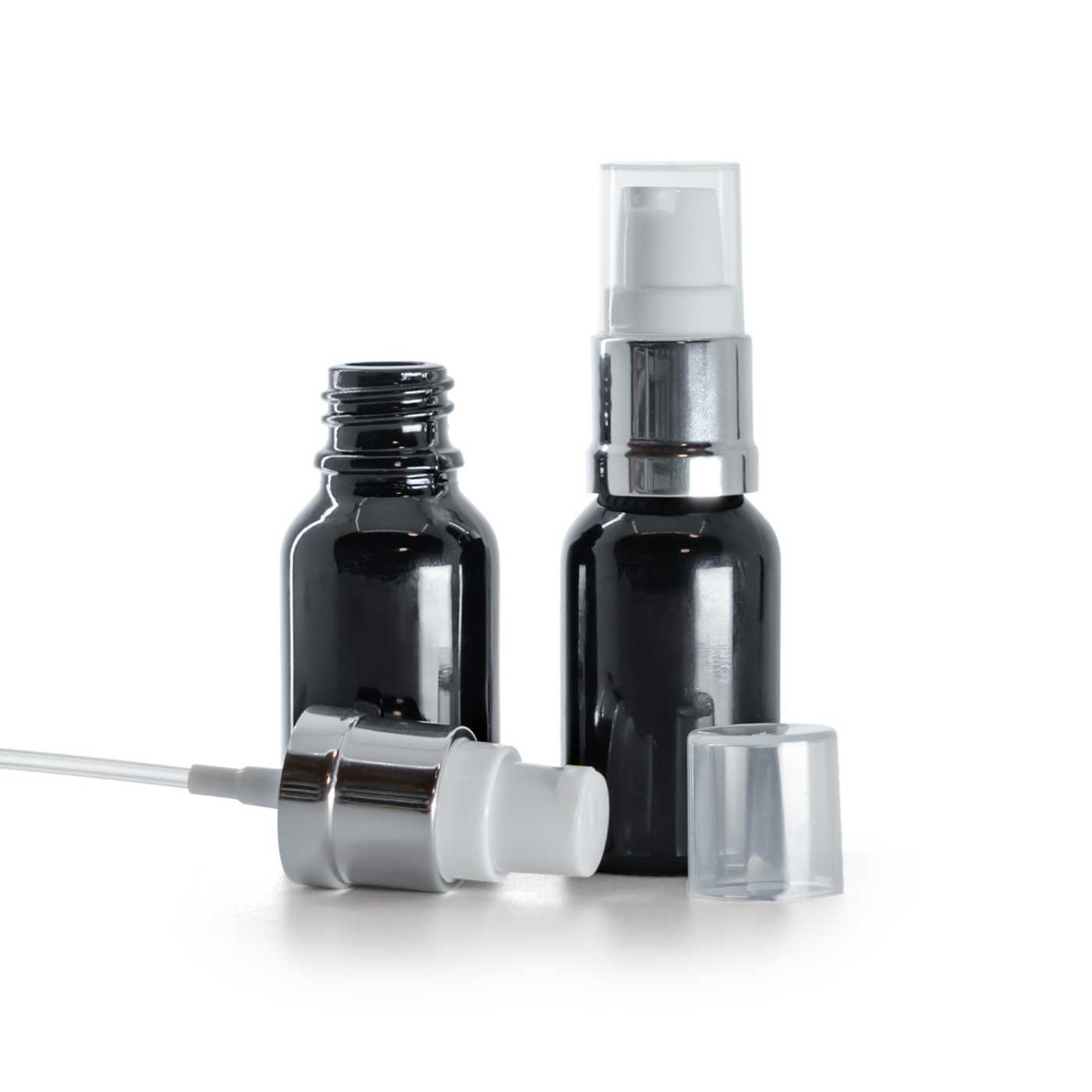 Butelka szklana czarna błyszcząca, dozownik biało-srebrny błyszczący, 15 ml
