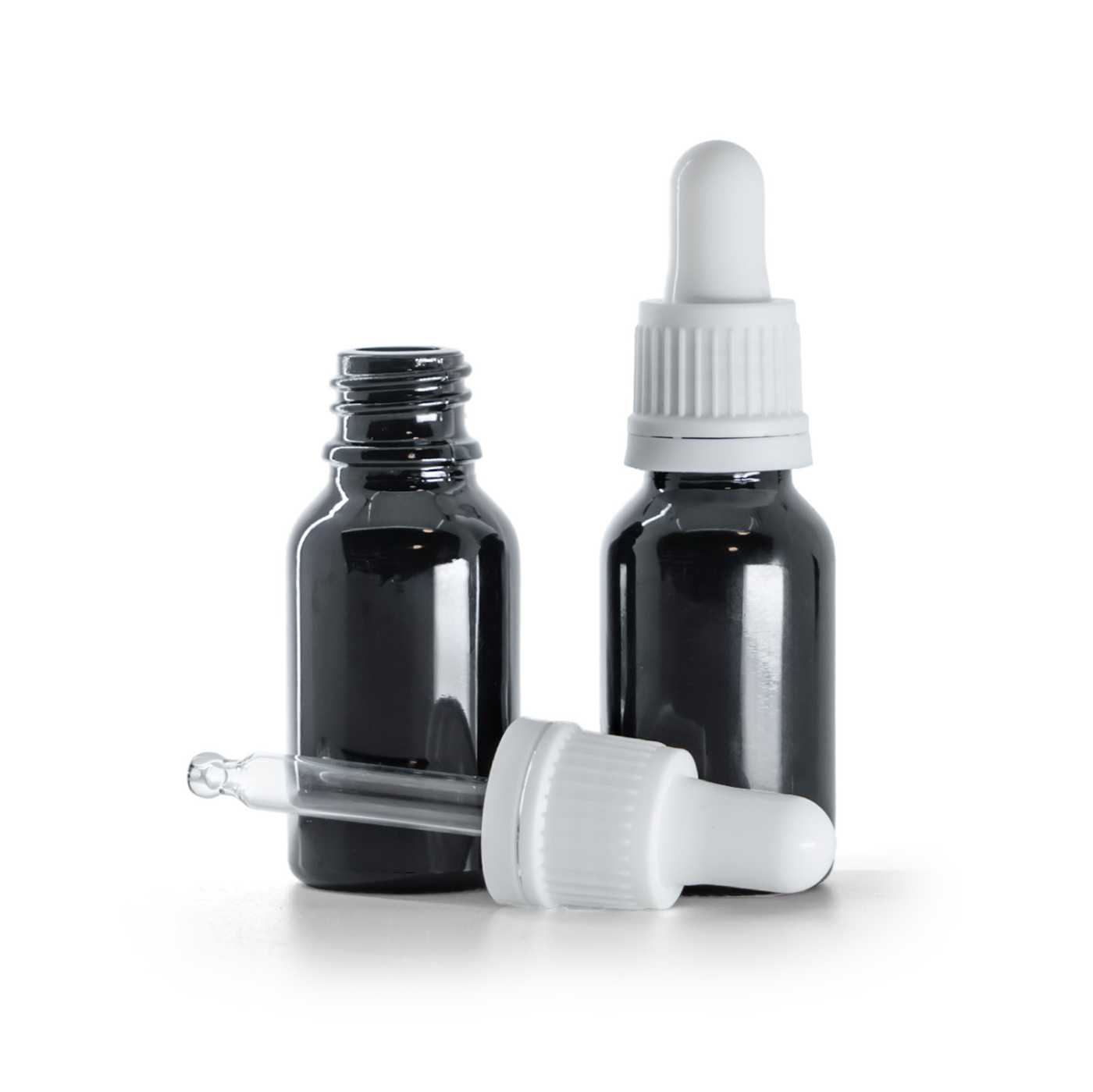 Flacon en verre noir brillant avec compte-gouttes blanc 15 ml
