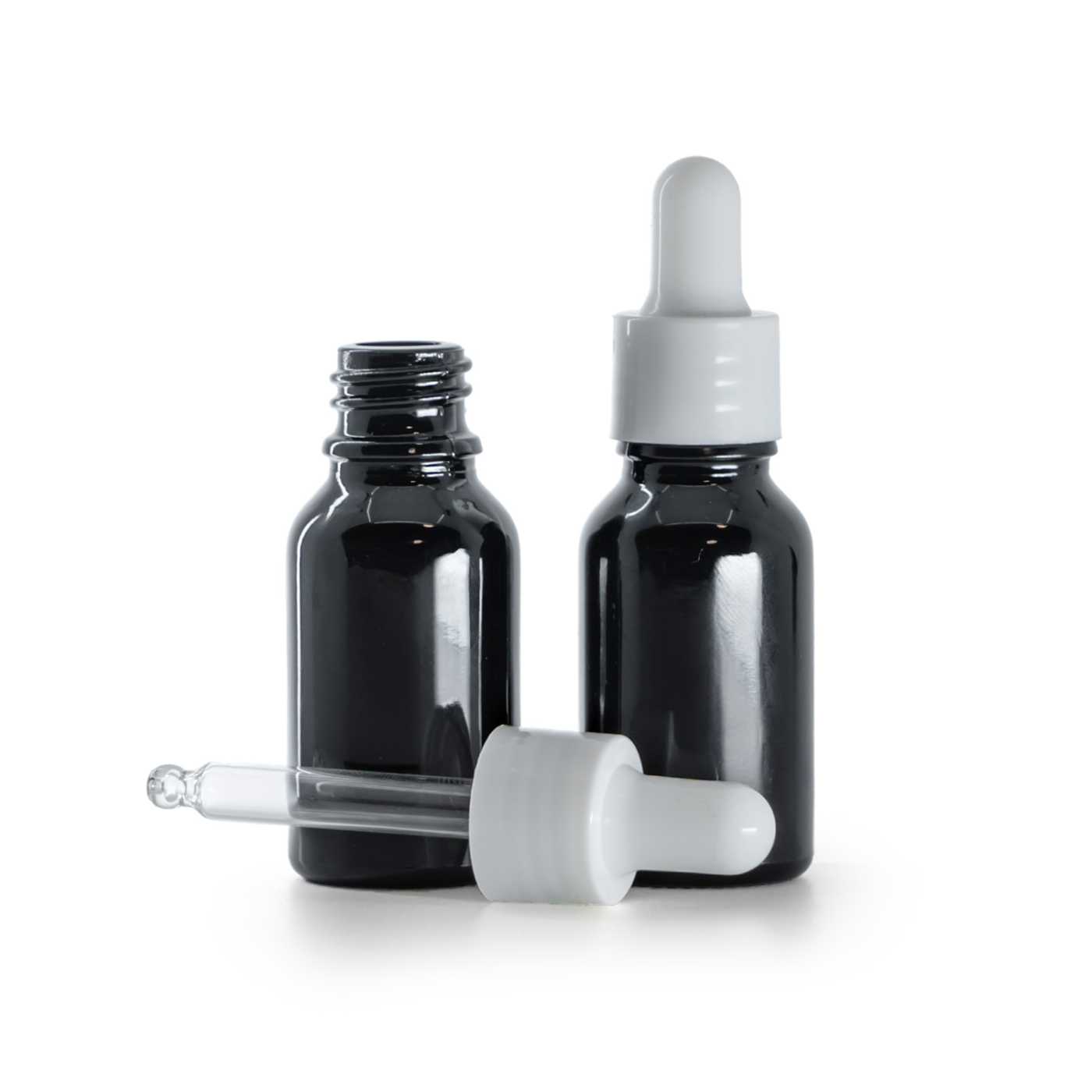 Sklenená fľaška, čierna lesklá, biele lesklé kvapátko, 15 ml