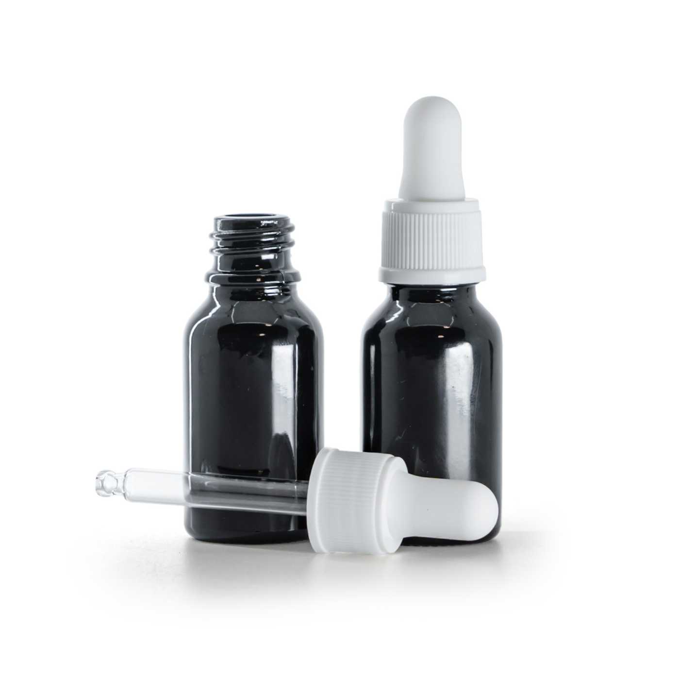 Butelka szklana czarna błyszcząca, kroplomierz biały matowy, 15 ml