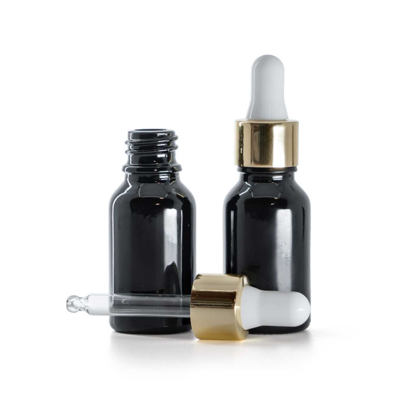 Sklenená fľaška, čierna lesklá, bielo-zlaté kvapátko, 15 ml