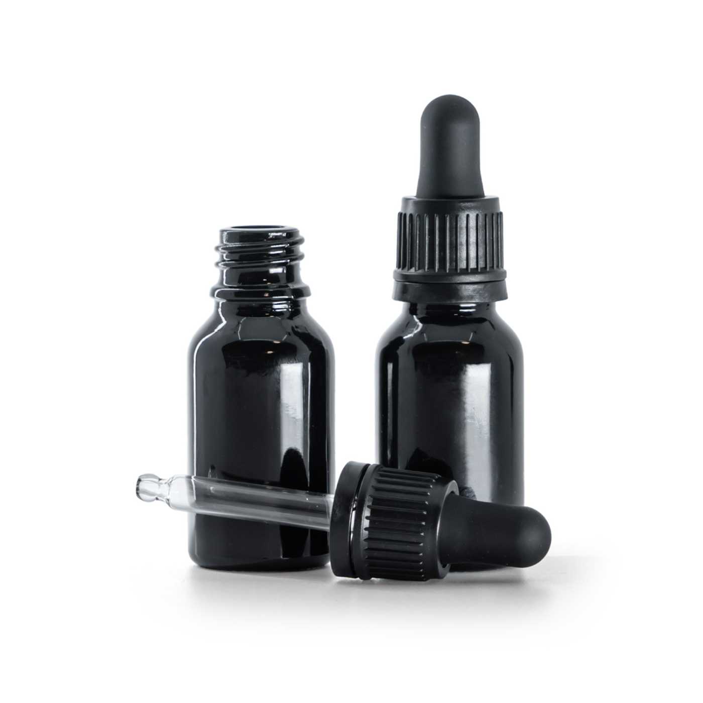 Butelka szklana, czarna błyszcząca, czarny kroplomierz, 15 ml