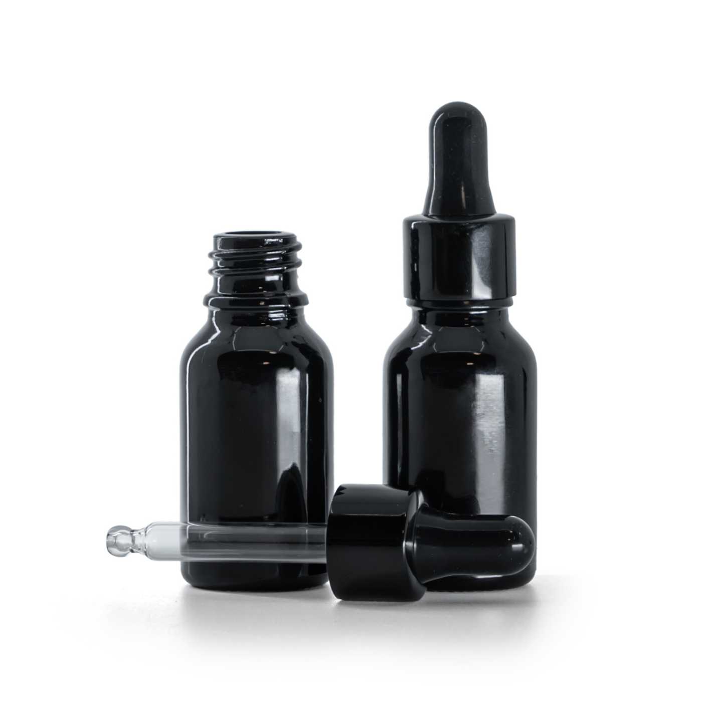 Butelka szklana, czarna błyszcząca, czarny błyszczący kroplomierz, 15 ml