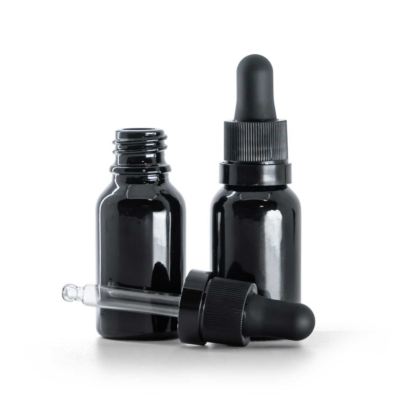 Flacon en verre noir brillant, compte-gouttes noir mat avec bague brillante, 15 ml