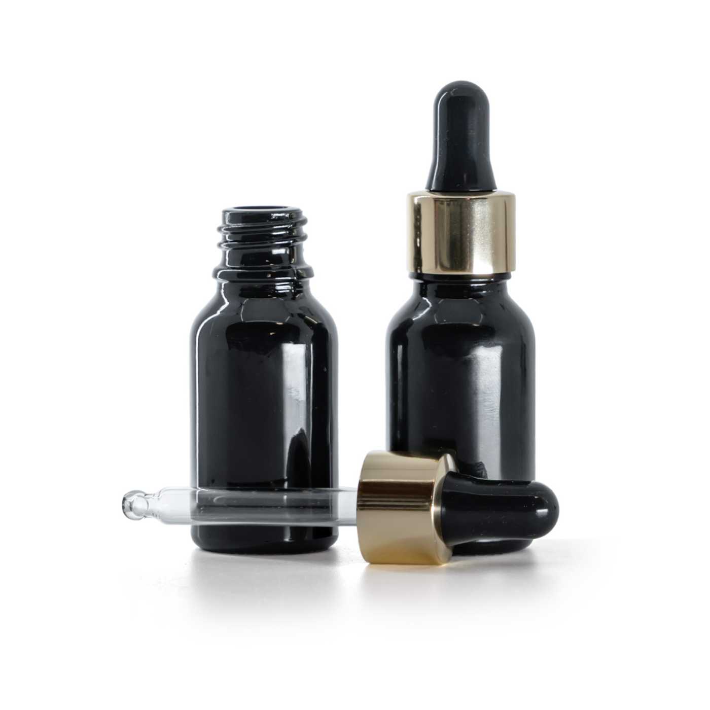 Sklenená fľaška, čierna lesklá, čierno-zlaté kvapátko, 15 ml
