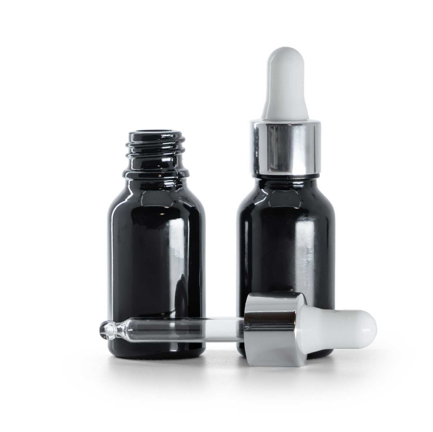 Skleněná lahvička, černá lesklá, lesklá stříbrná pipeta, 15 ml