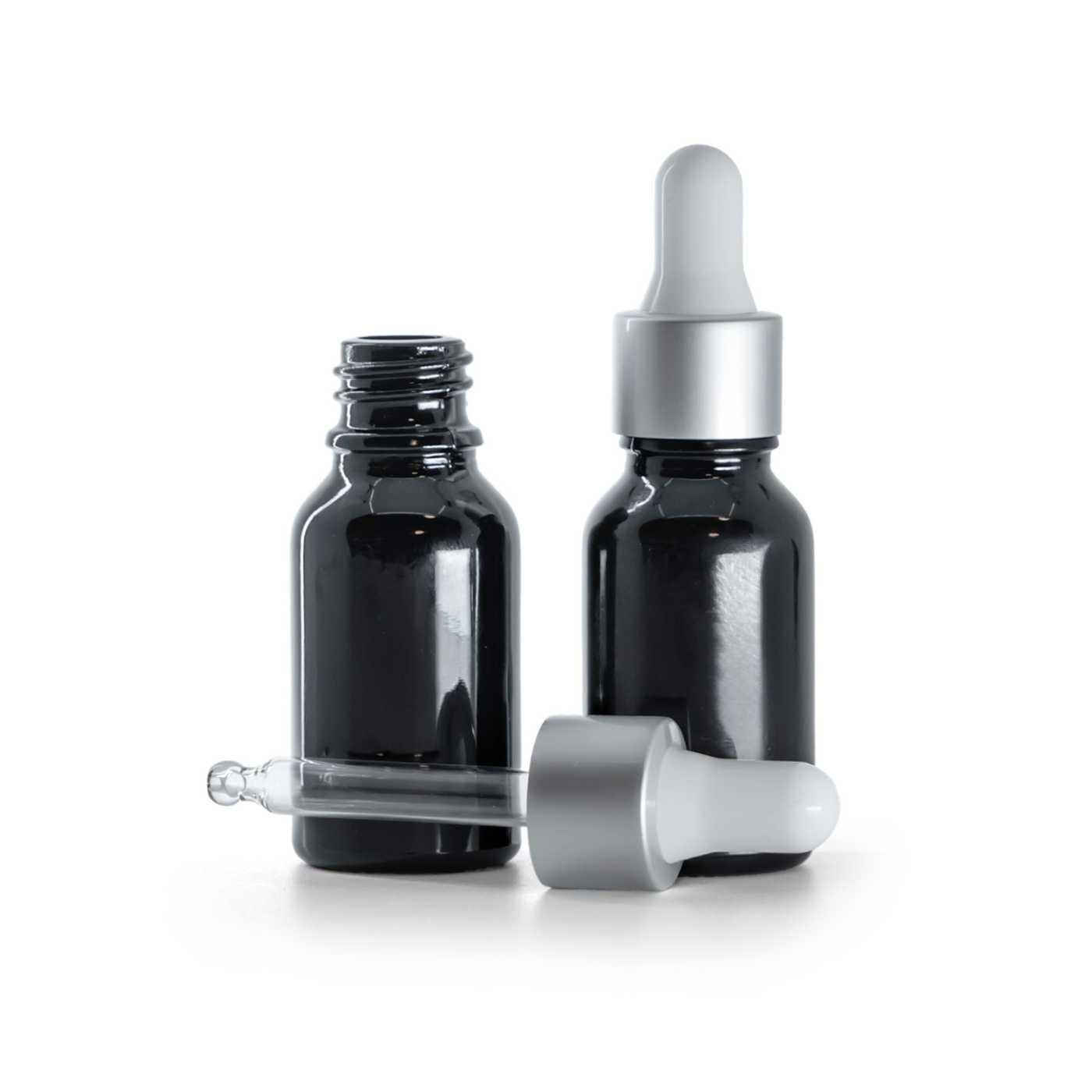 Skleněná lahvička, černá lesklá, matně stříbrná pipeta, 15 ml