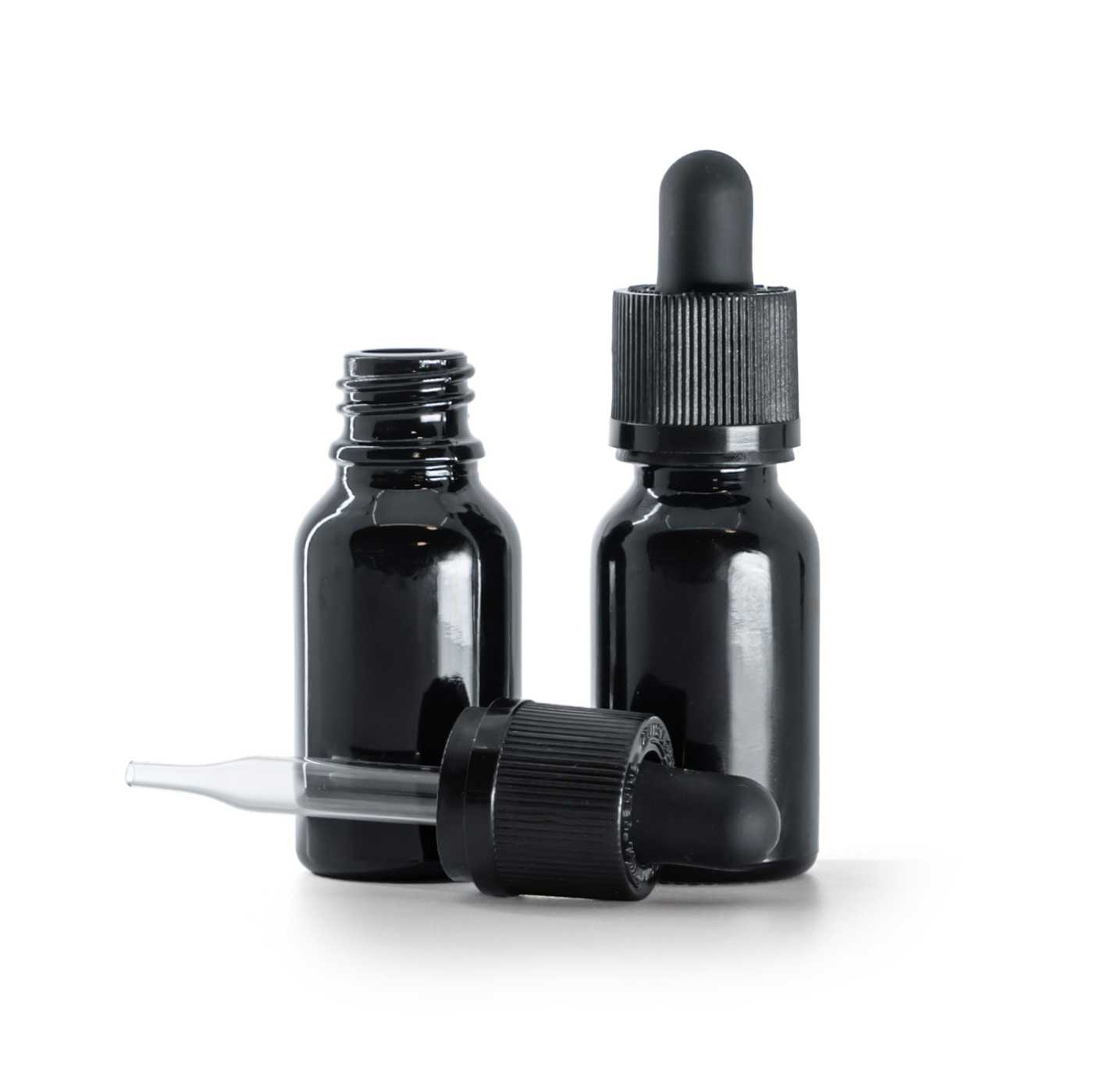 Flacon en verre noir brillant, pipette inviolable, 15 ml