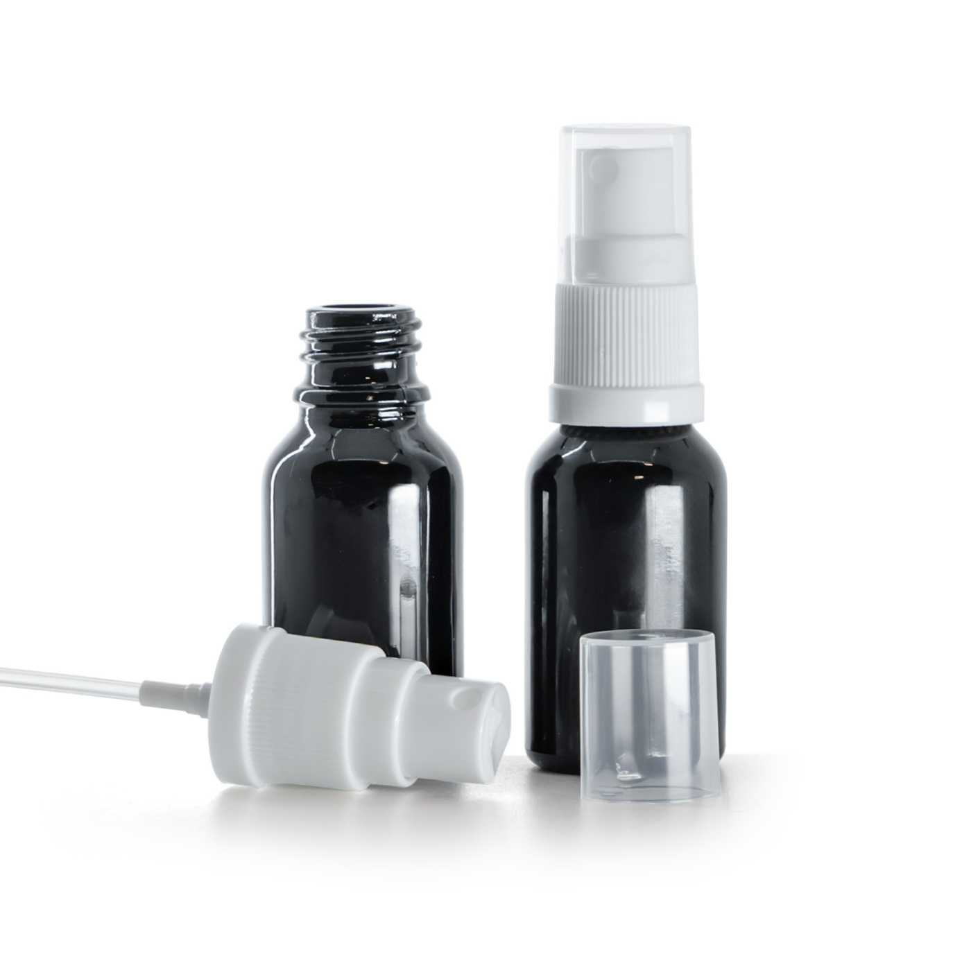 Butelka szklana, czarna błyszcząca, biały atomizer, 15 ml