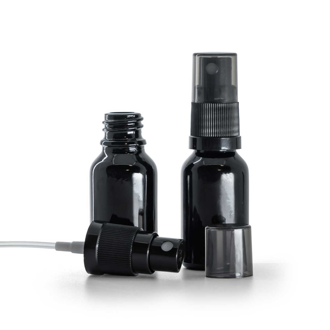 Butelka szklana czarna błyszcząca, atomizer czarny, przydymiony kapturek, 15 ml