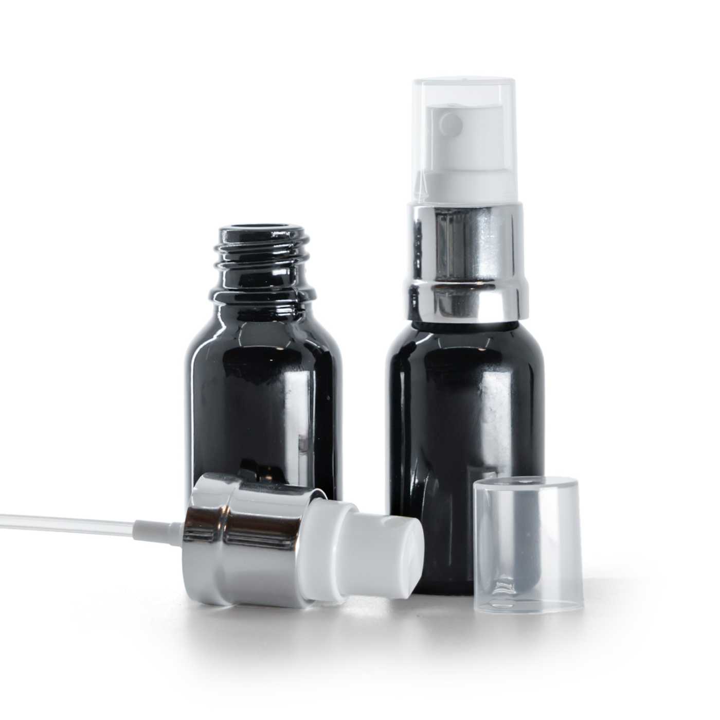 Butelka szklana czarna błyszcząca, atomizer biało-srebrny, 15 ml
