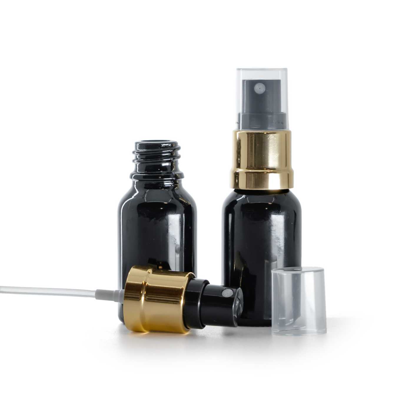 Butelka szklana, czarna błyszcząca, czarno-złoty atomizer, 15 ml