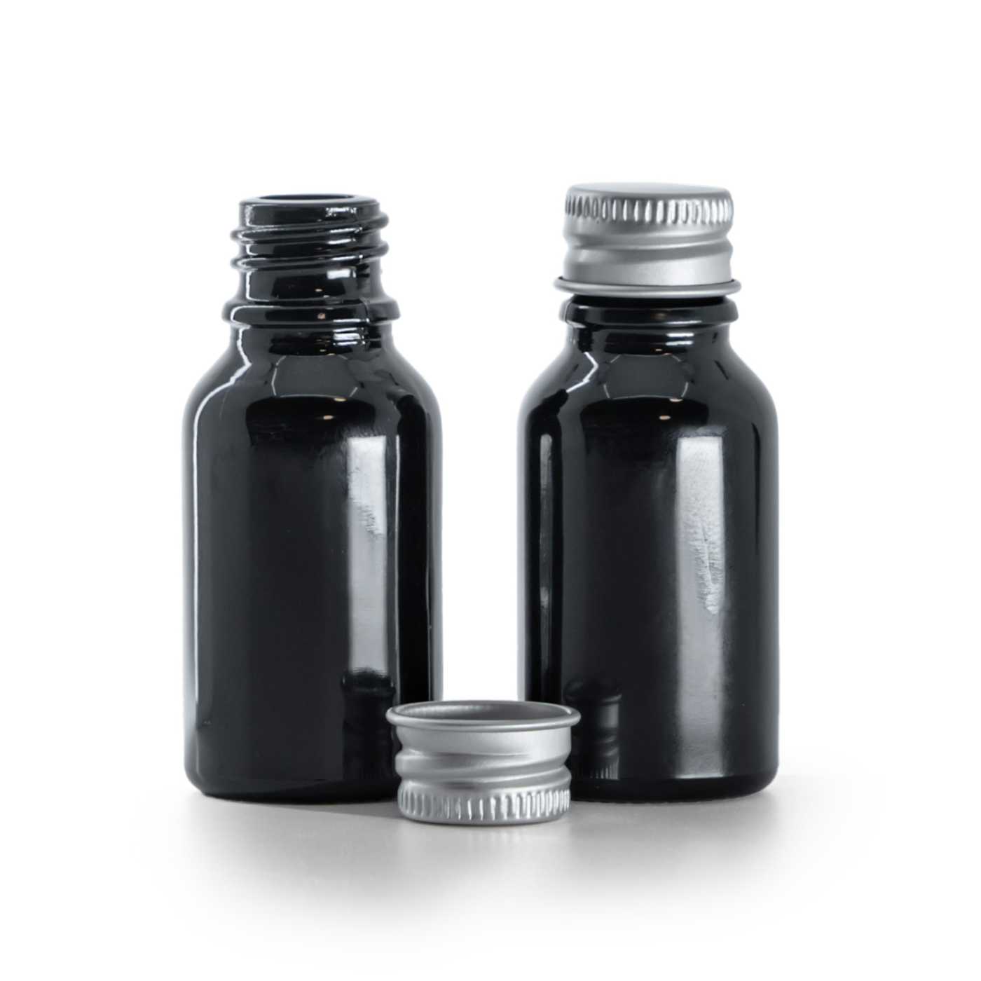 Butelka szklana, czarna błyszcząca, nakrętka aluminiowa, 15 ml