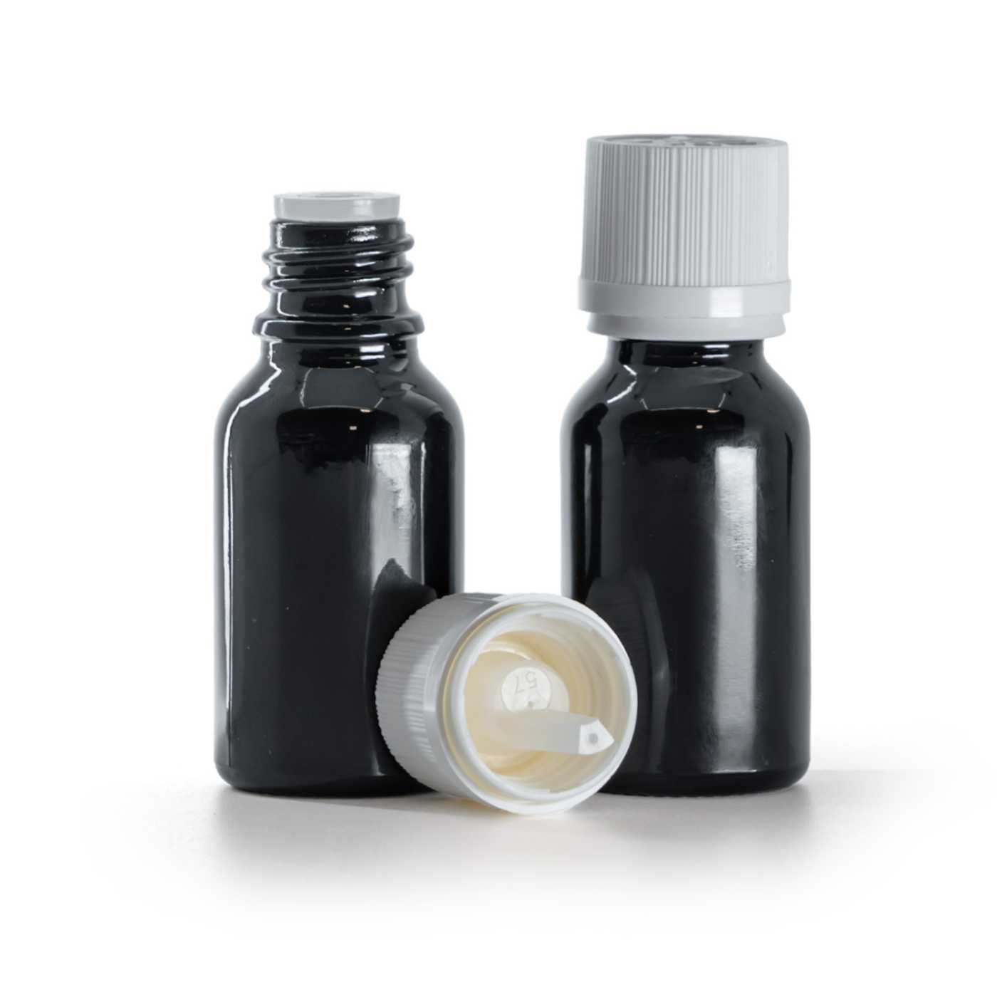Frasco de vidrio, negro brillante, tapón de seguridad inviolable blanco con cuentagotas, 15 ml