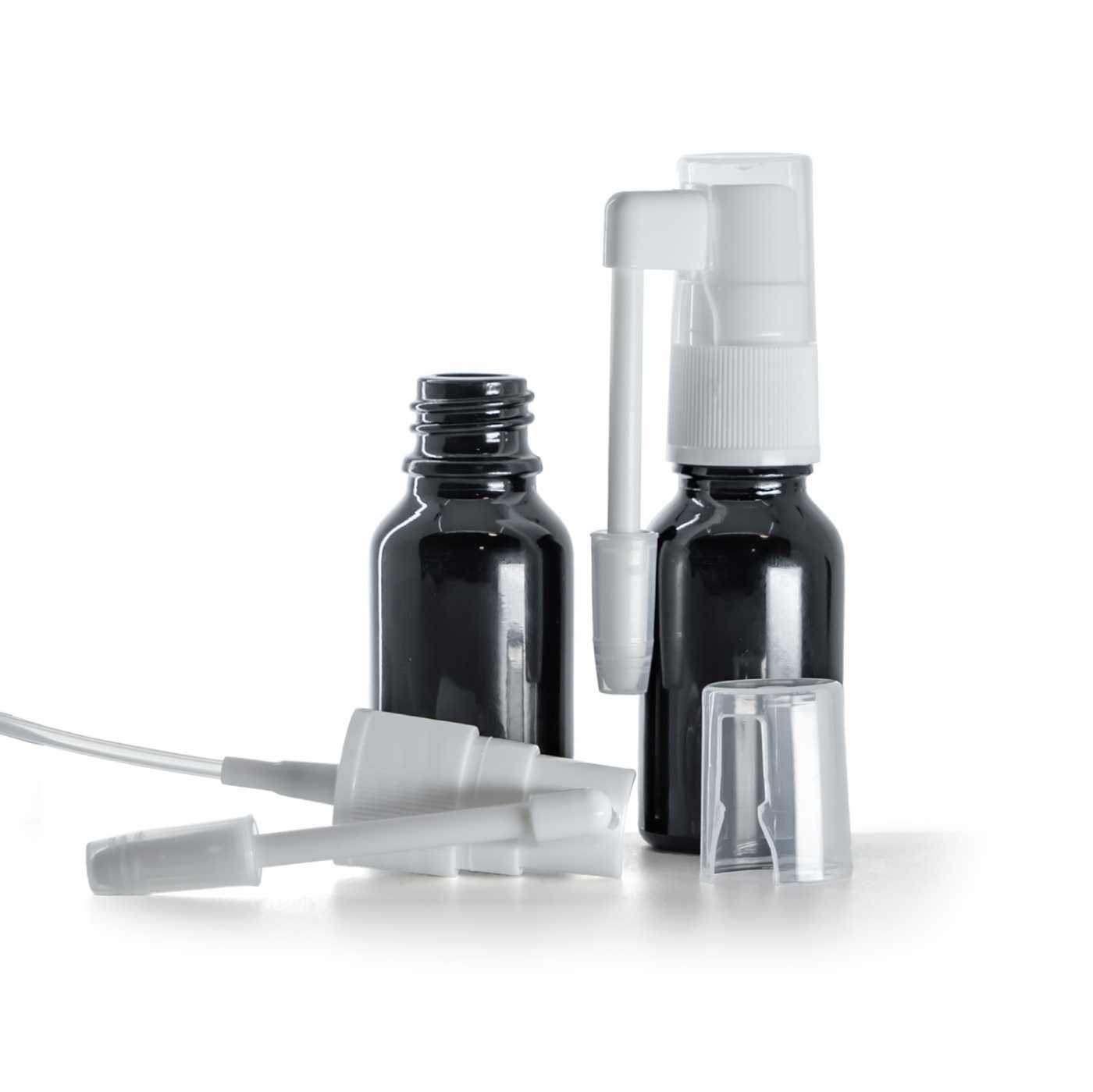 Skleněná lahvička, černá lesklá, sprej do úst, 15 ml