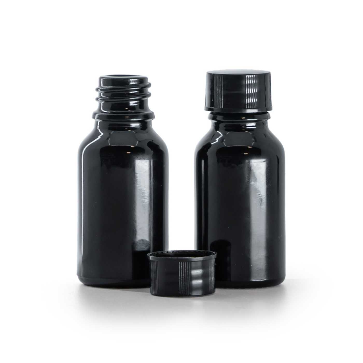 Butelka szklana czarna błyszcząca, nakrętka czarna, 15 ml