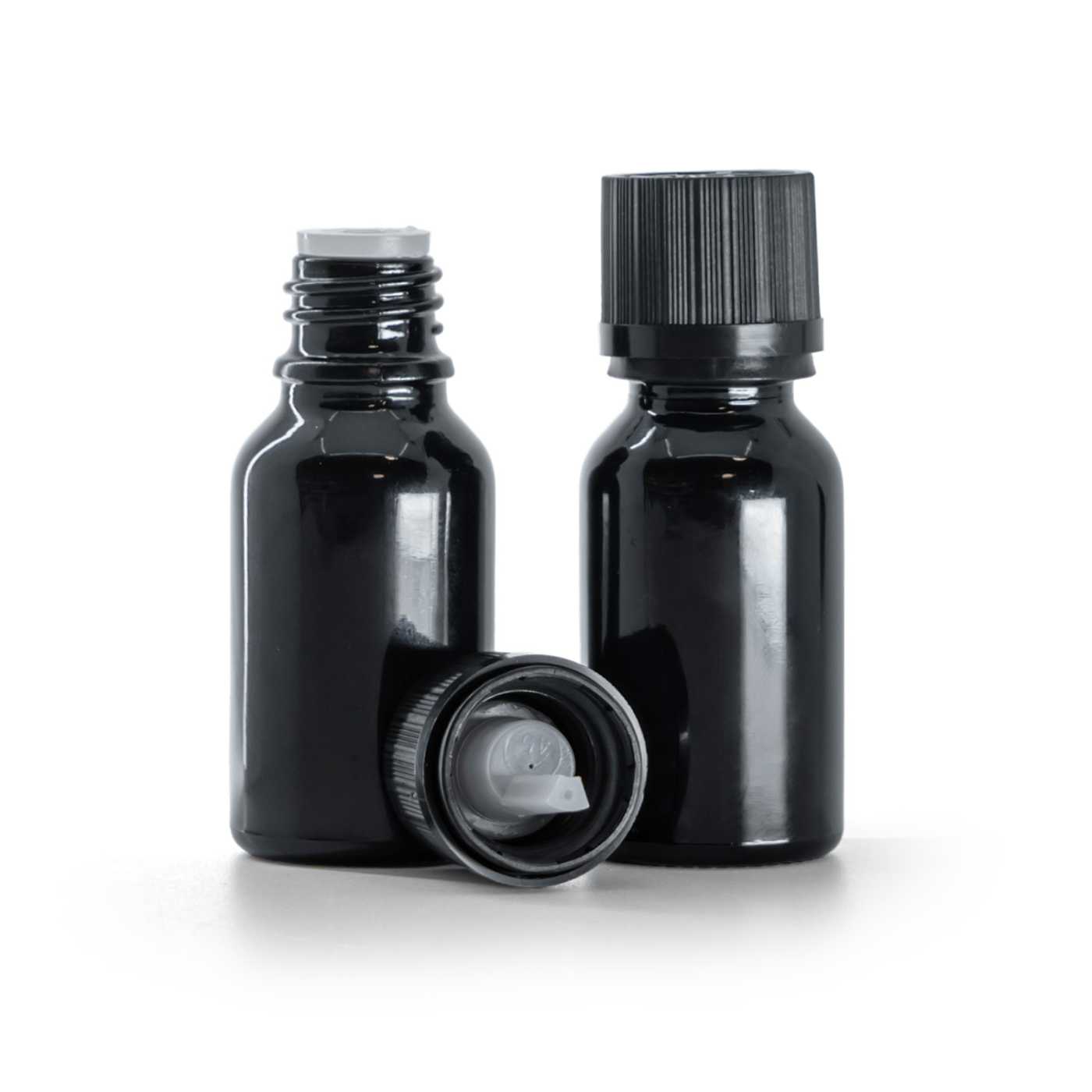 Flacon en verre noir brillant, bouchon de sécurité noir avec compte-gouttes, 15 ml