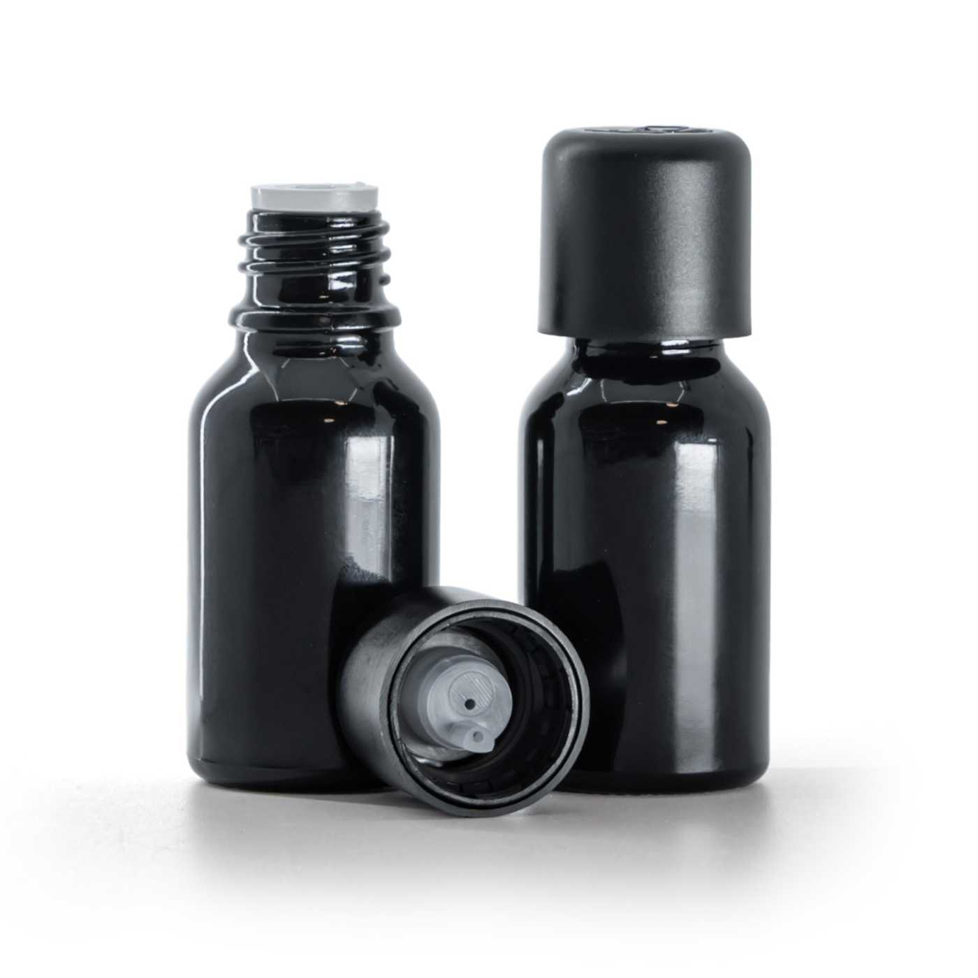 Butelka szklana czarna błyszcząca, nakrętka czarna z zabezpieczeniem, 15 ml