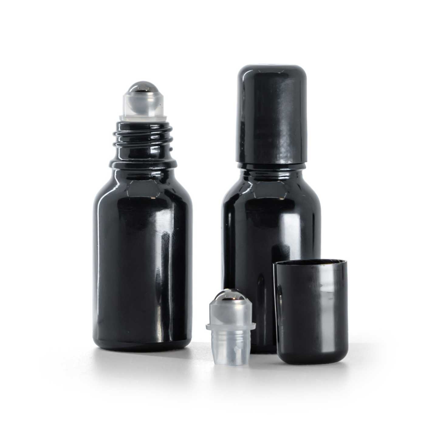 Sklenená fľaška, čierna lesklá, roll-on, 15 ml
