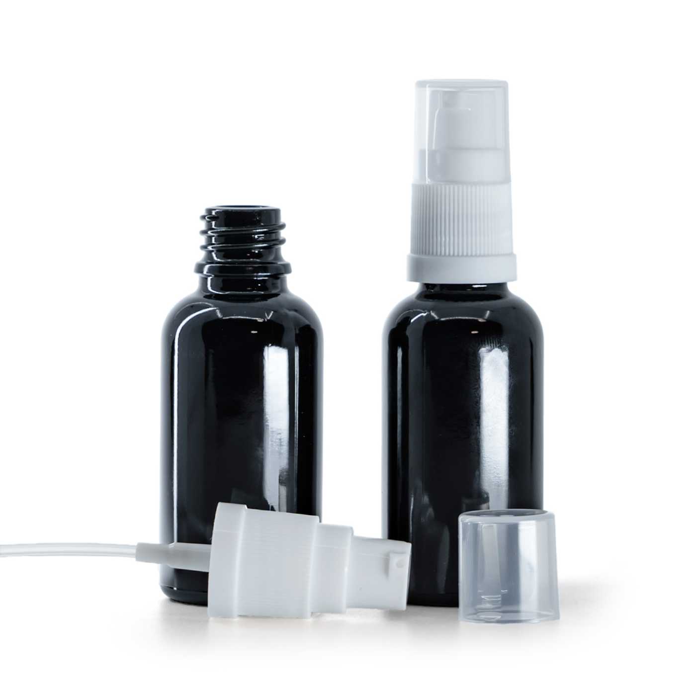 Sklenená fľaška, čierna lesklá, biely dávkovač, 30 ml