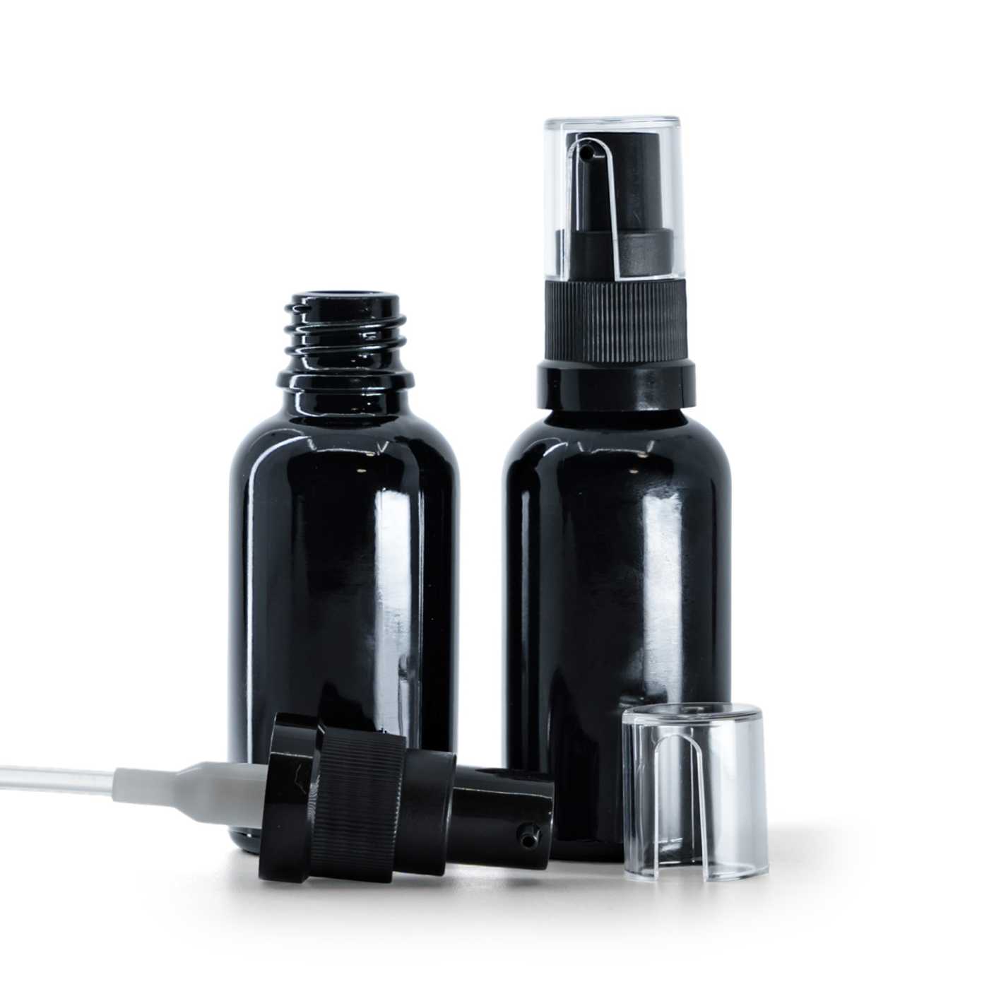 Butelka szklana, czarna błyszcząca, pompka do olejów, 30 ml