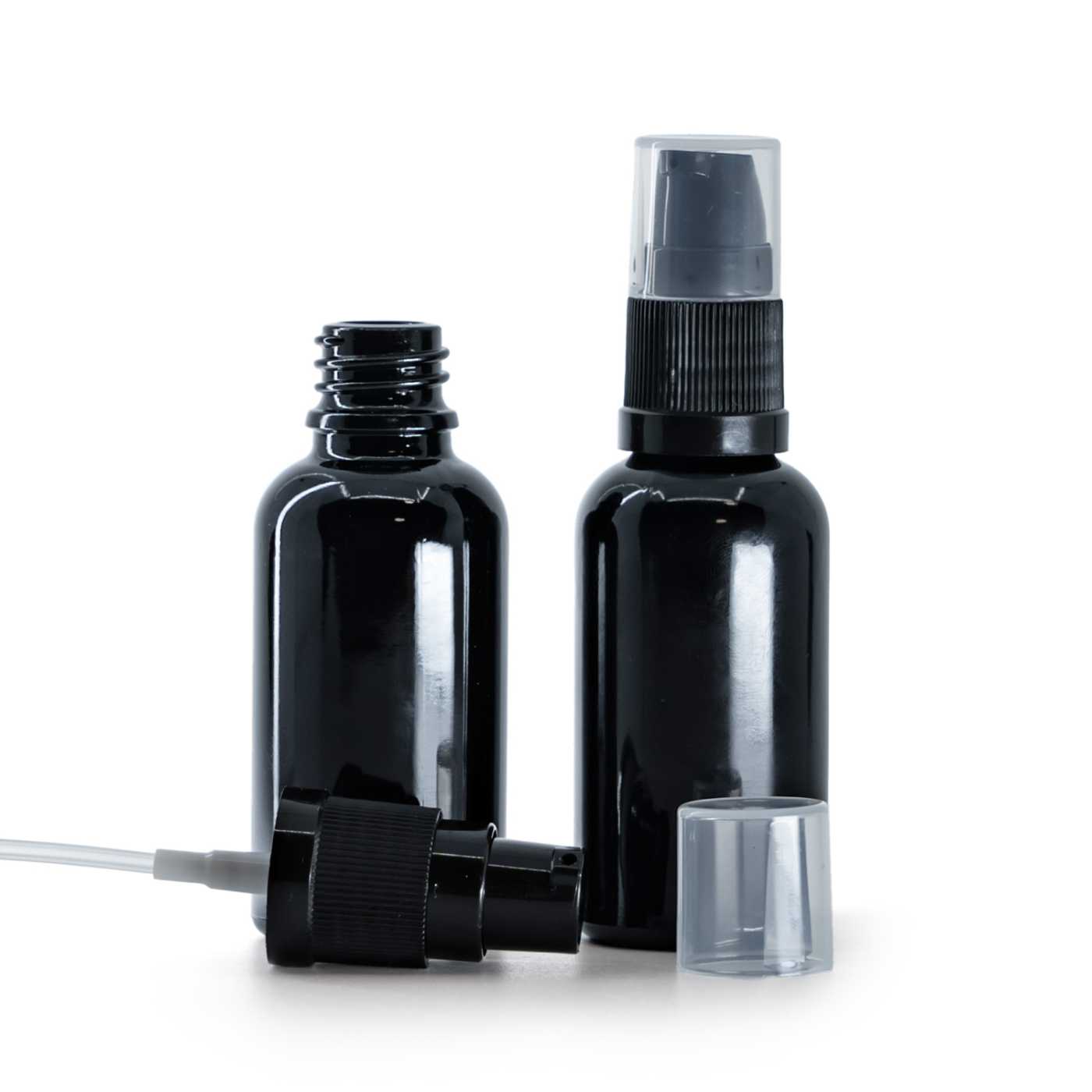 Skleněná lahvička černá lesklá s dávkovačem krému 30 ml