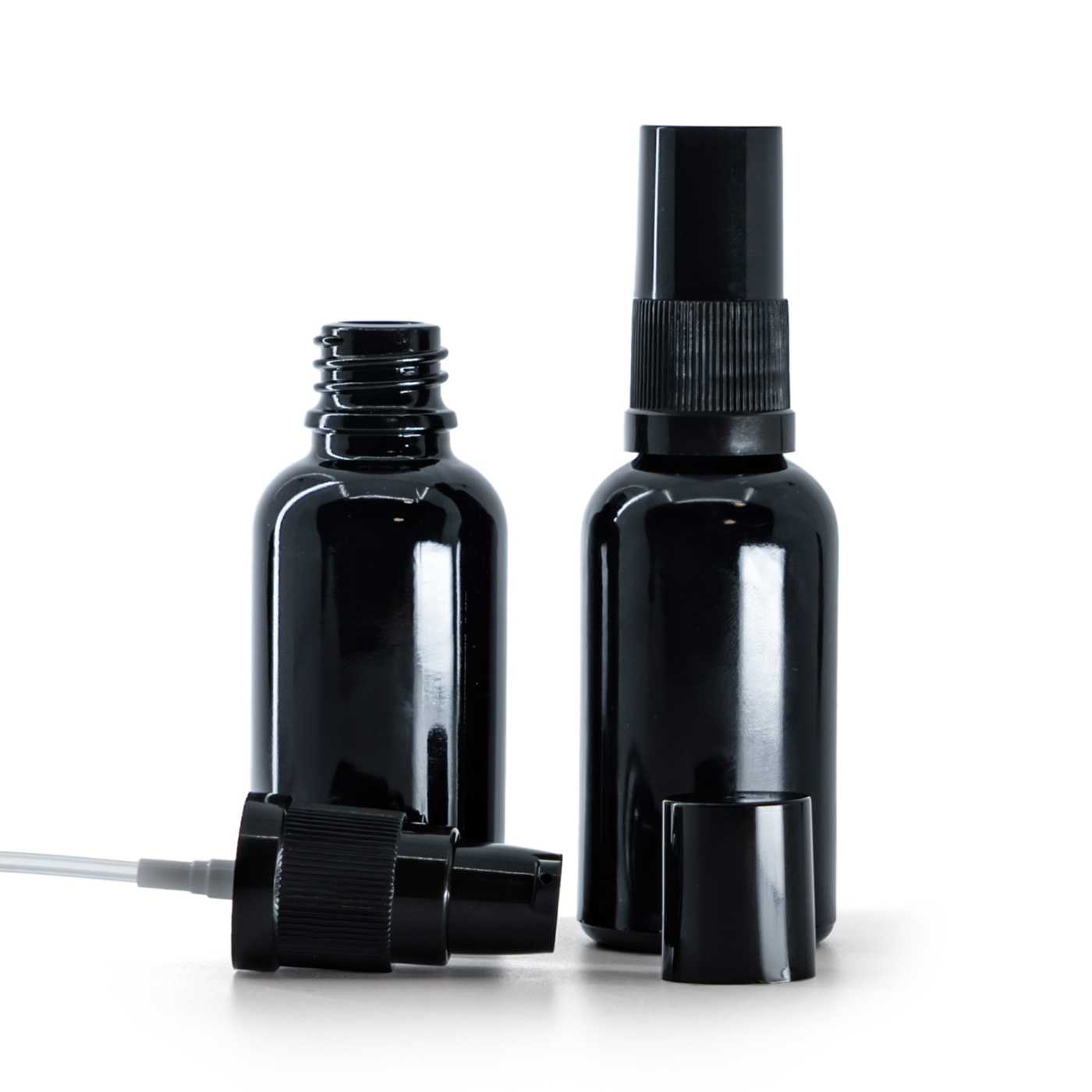 Butelka szklana, czarna błyszcząca, pompka do kremu z czarną nakładką, 30 ml
