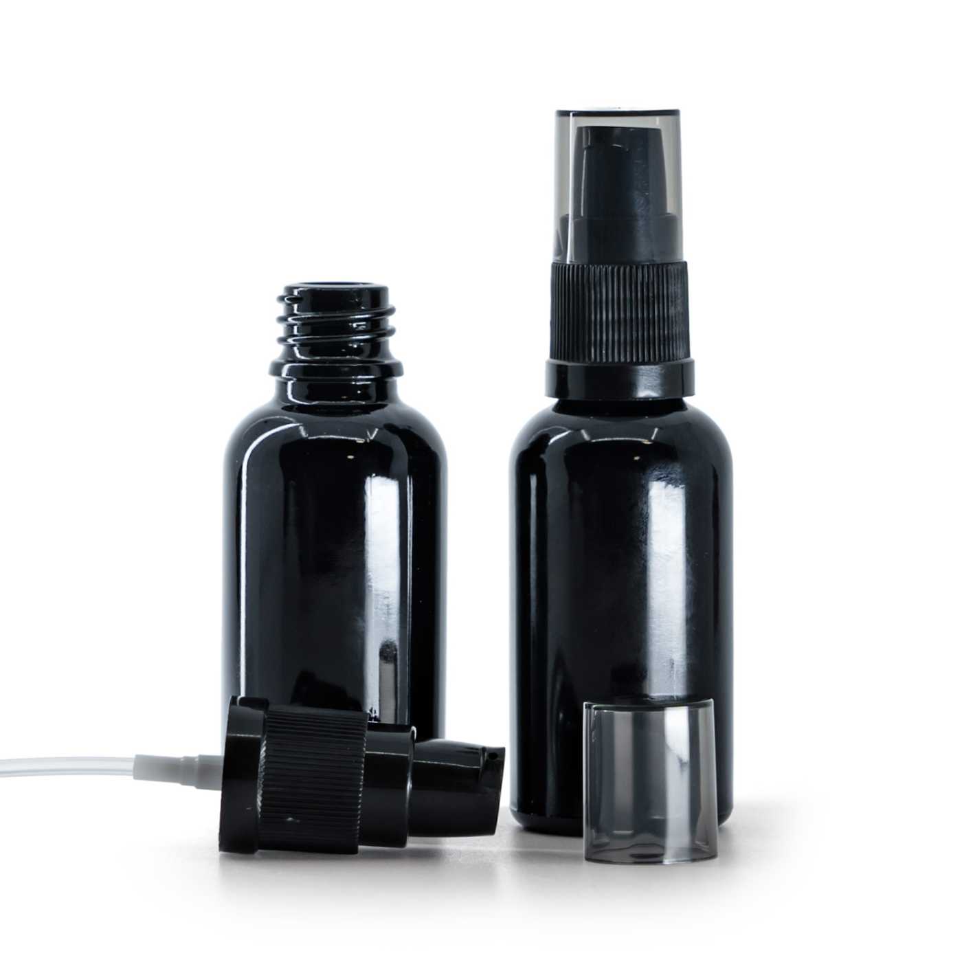 Skleněná lahvička, černá lesklá, dávkovač krému s dýmovým krytem, 30 ml