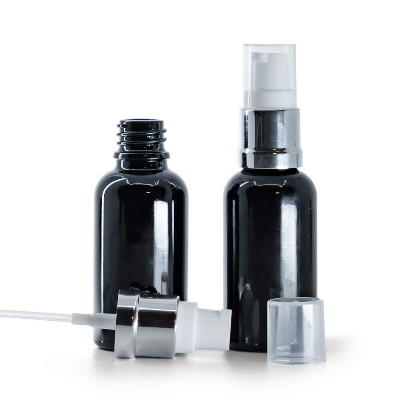 Sklenená fľaška, čierna lesklá, bielo-strieborný lesklý dávkovač, 30 ml