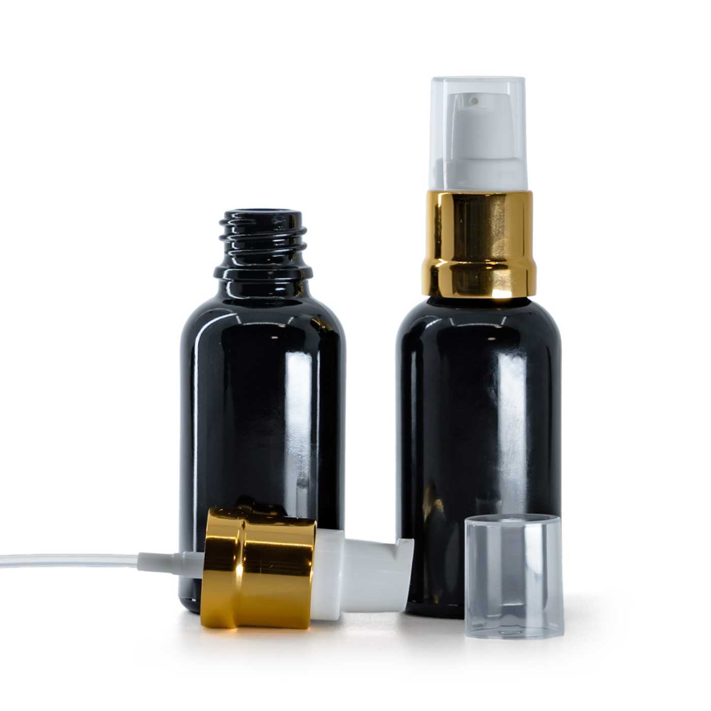 Sklenená fľaška, čierna lesklá, bielo-zlatý lesklý dávkovač, 30 ml