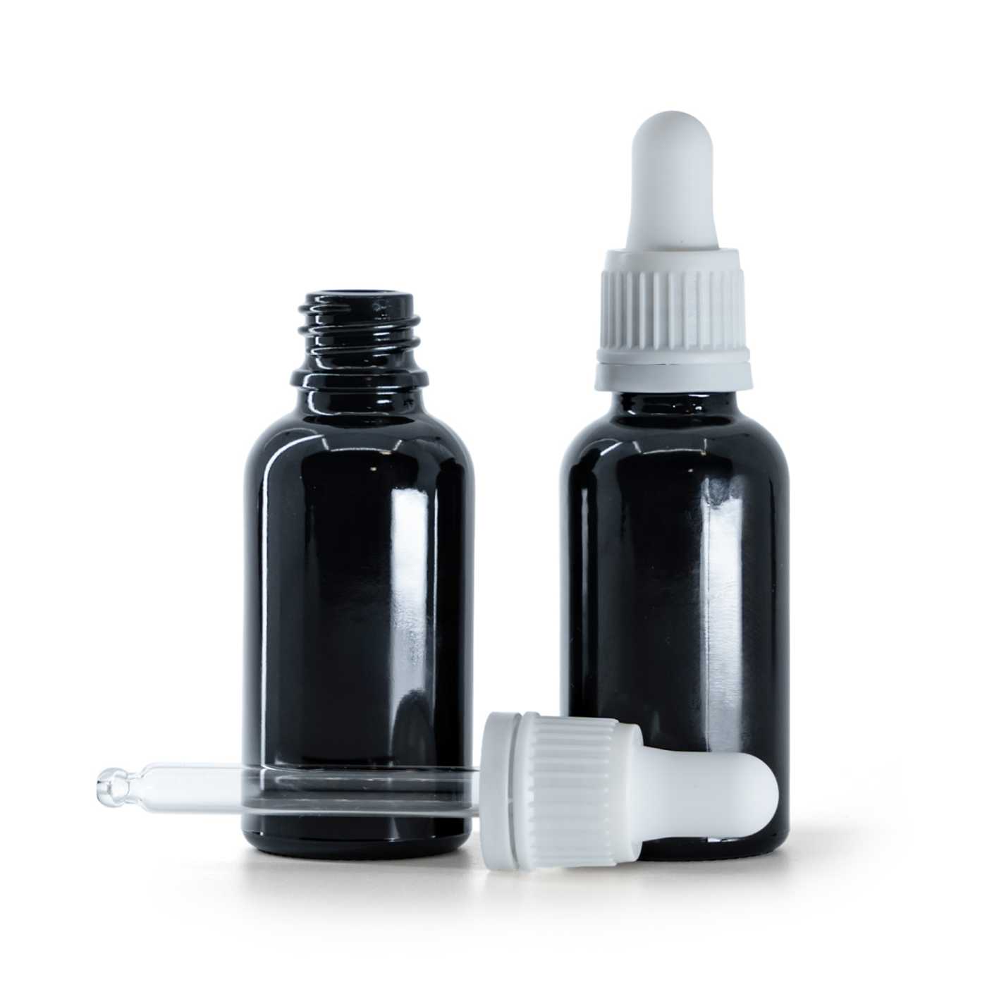 Sklenená fľaška, čierna lesklá, biele kvapátko, 30 ml