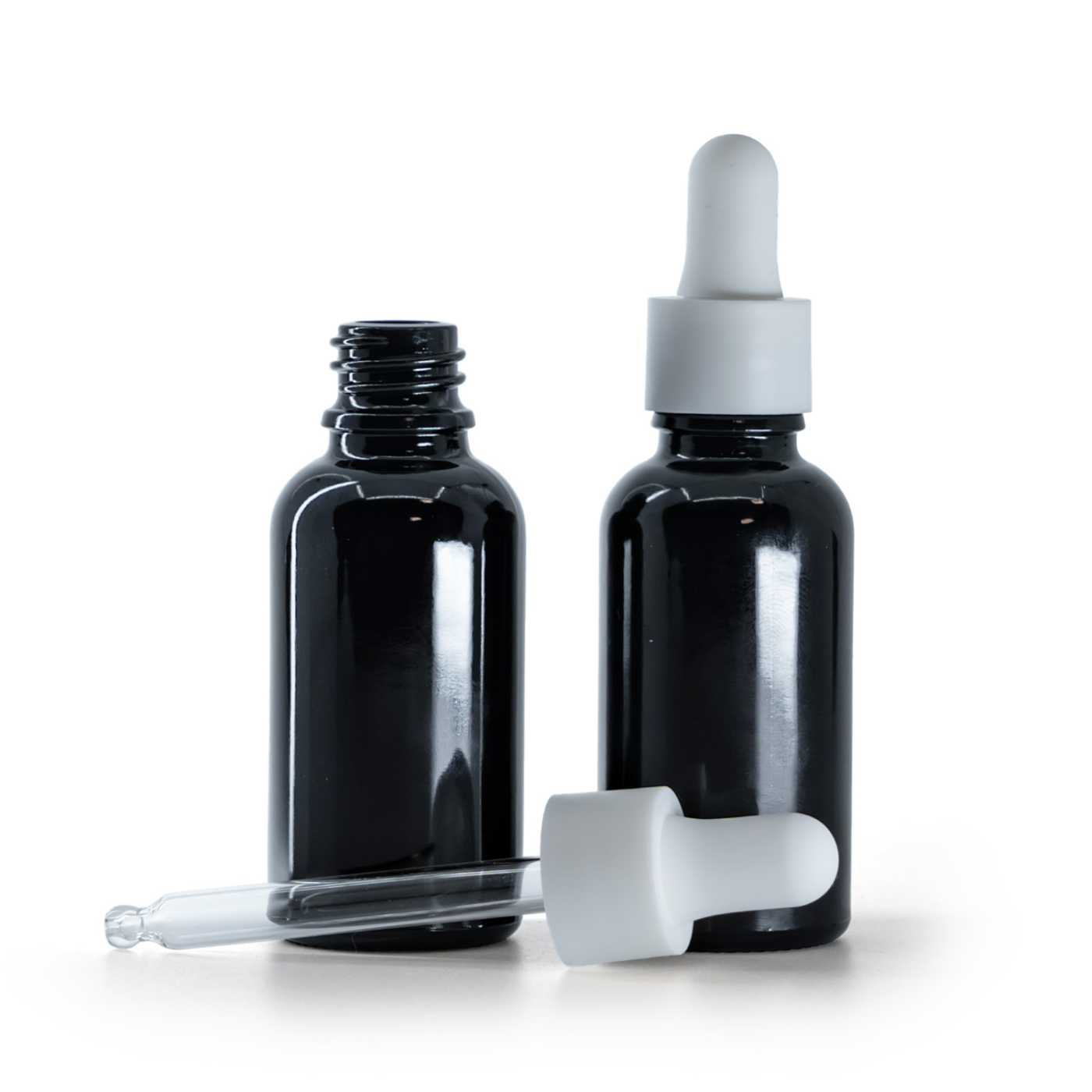 Skleněná lahvička lesklá černá s bílým matným hladkým kapátkem 30 ml