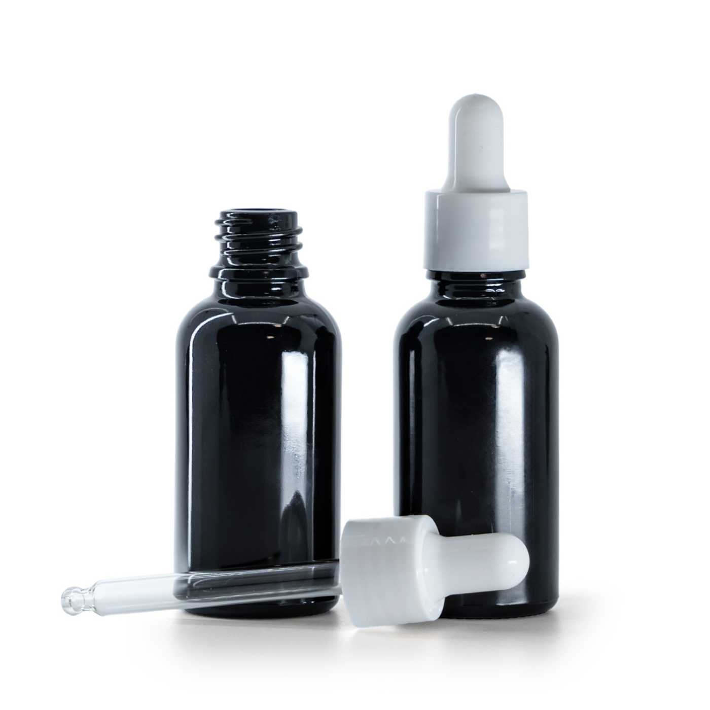 Sklenená fľaška, čierna lesklá, biele lesklé kvapátko, 30 ml