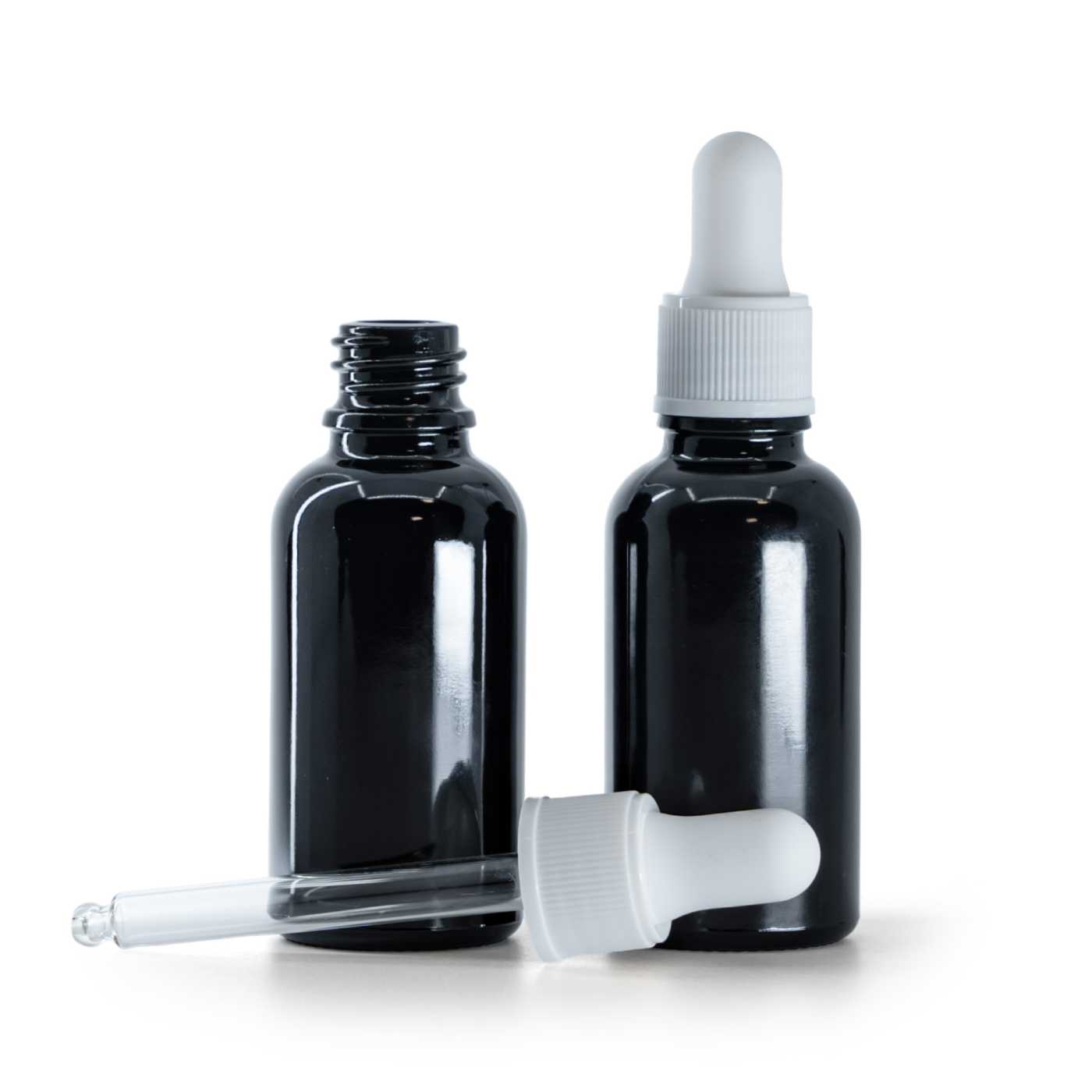 Sklenená fľaška, čierna lesklá, biele matné kvapátko, 30 ml