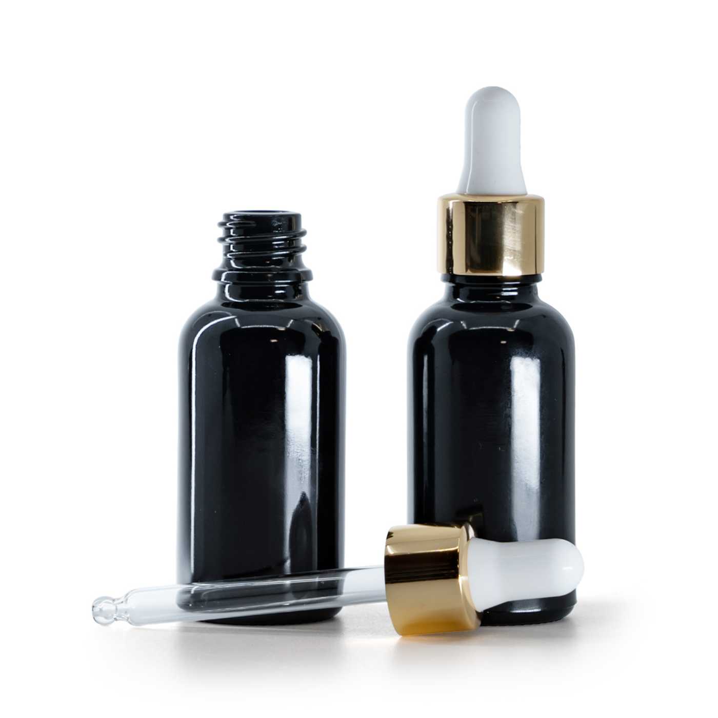 Sklenená fľaška, čierna lesklá, bielo-zlaté kvapátko, 30 ml