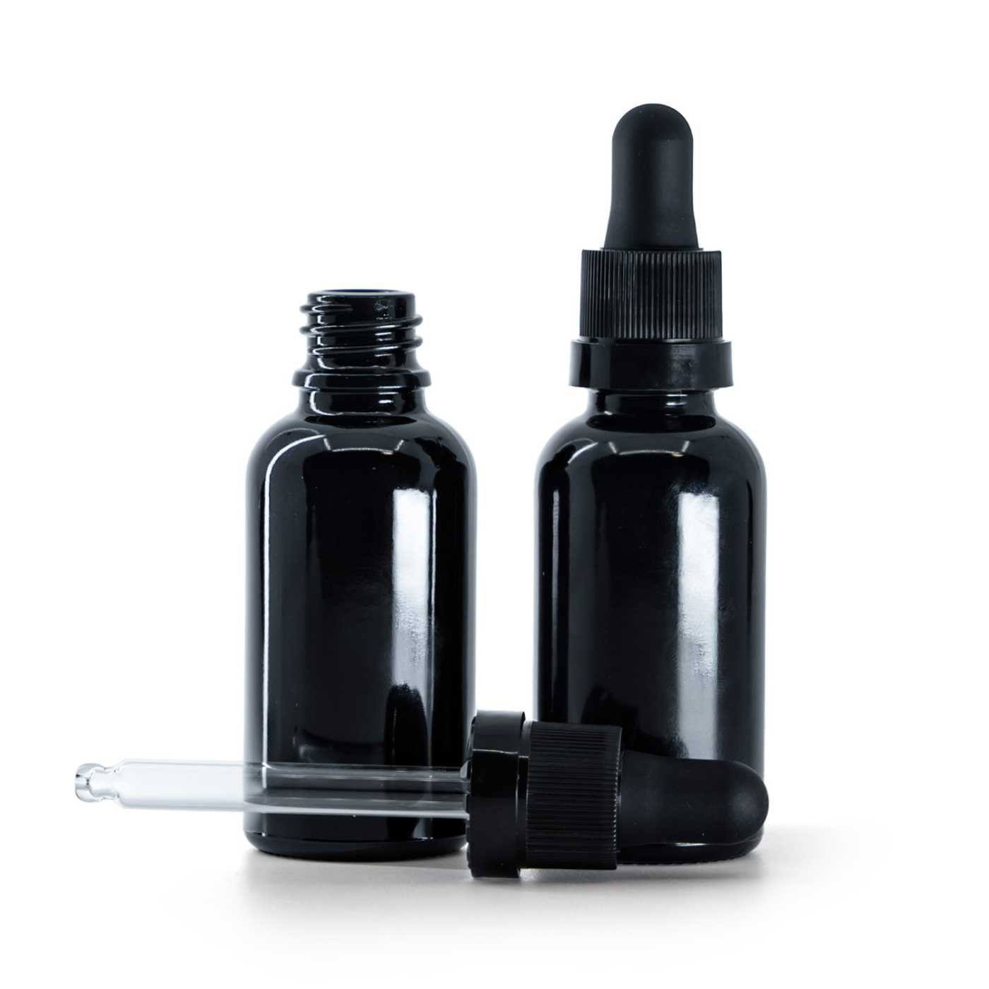 Skleněná lahvička, černá lesklá, pipeta černá s lesklým kroužkem, 30 ml