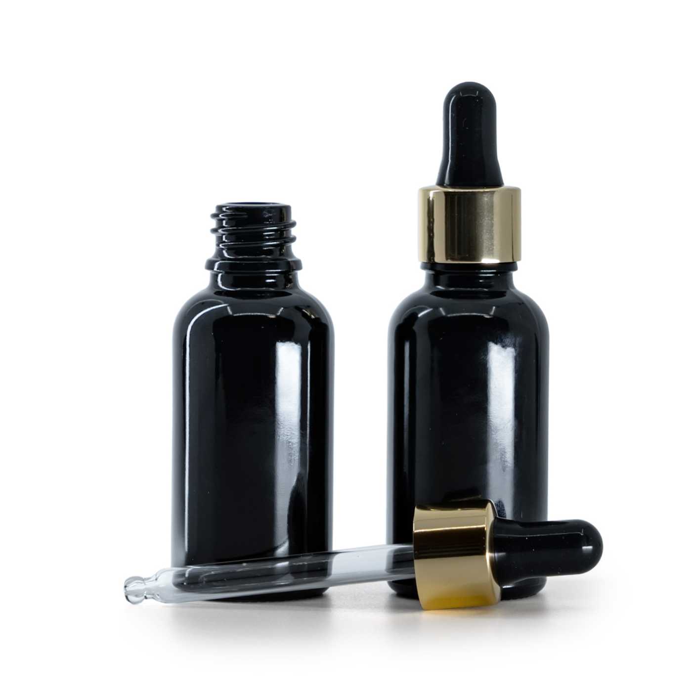 Skleněná lahvička, černá lesklá, s černo-zlatou pipetou, 30 ml