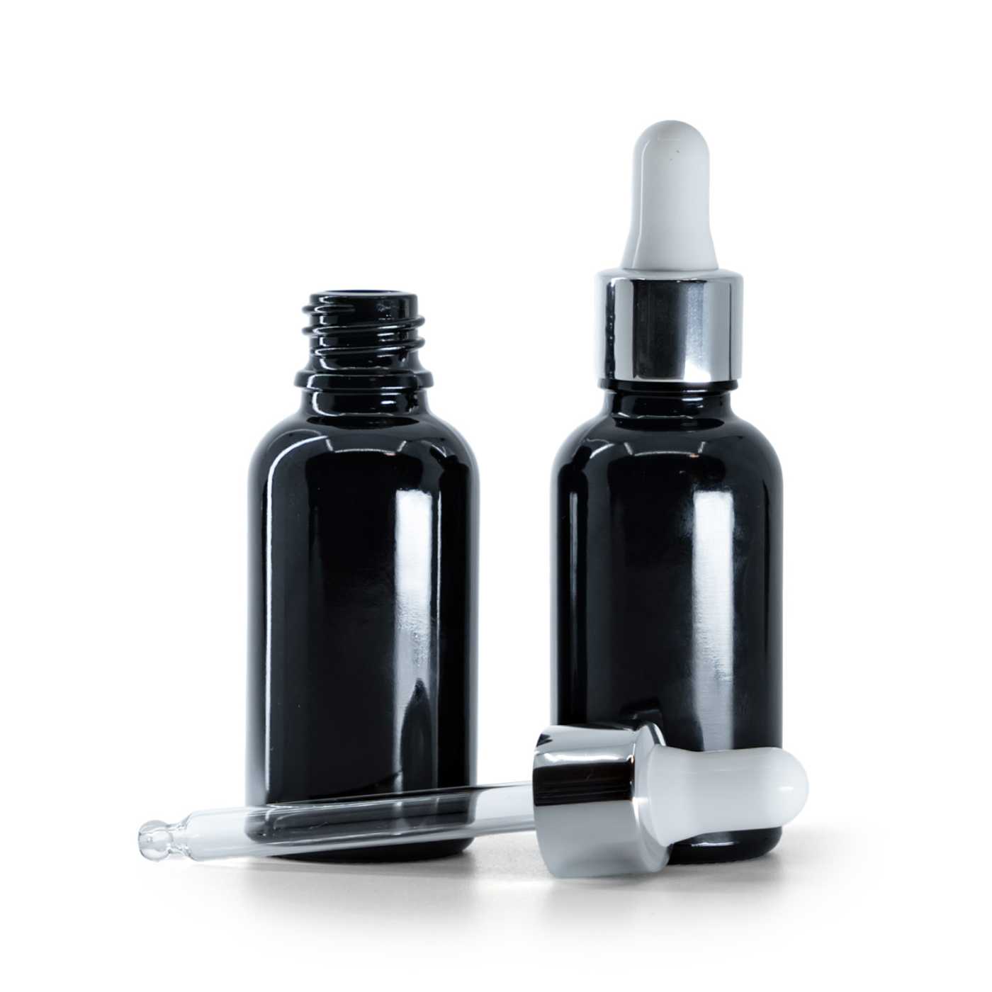 Skleněná lahvička lesklá černá se stříbrnou lesklou pipetou, 30 ml