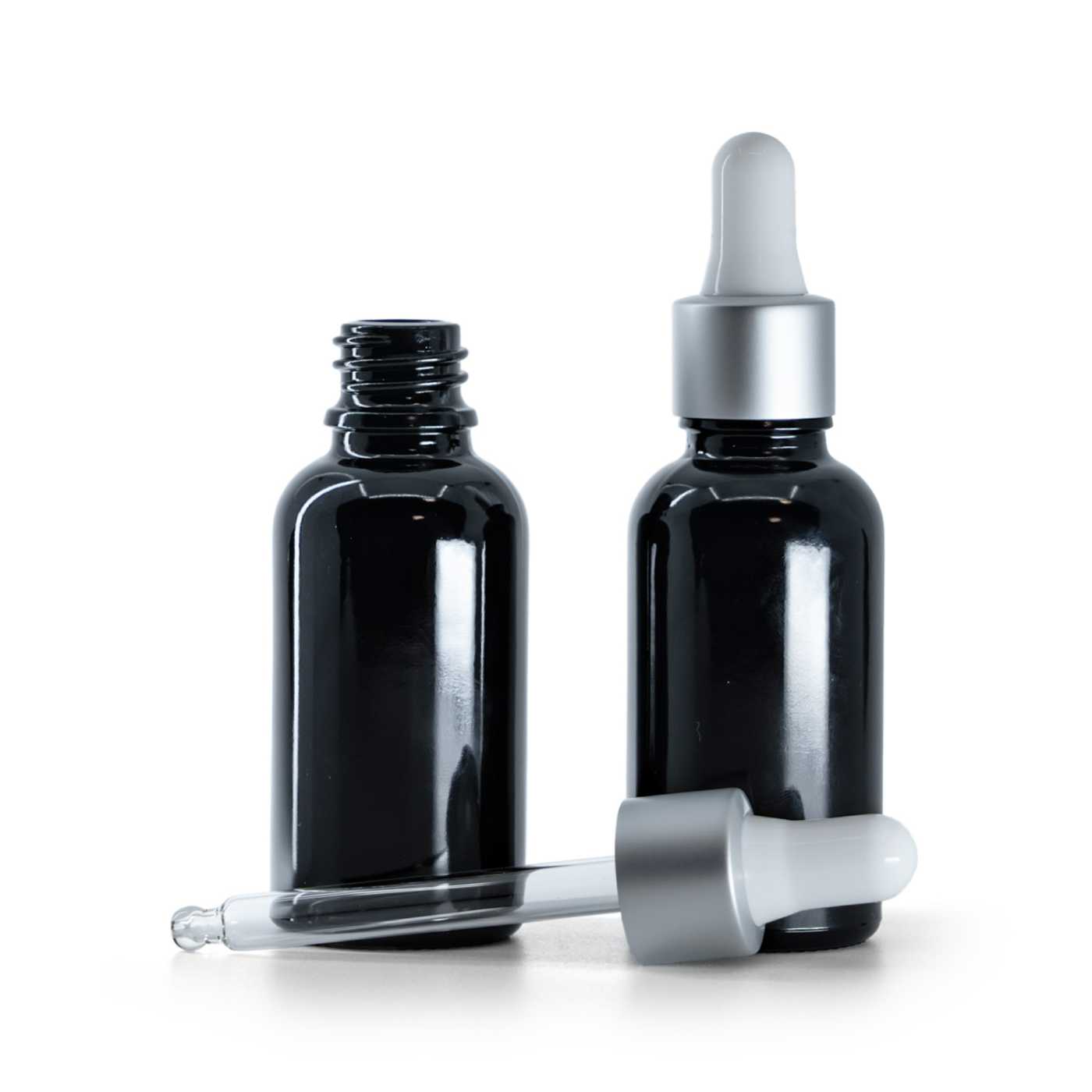 Černá skleněná lahvička, lesklá, kapátko matné stříbrné, 30 ml