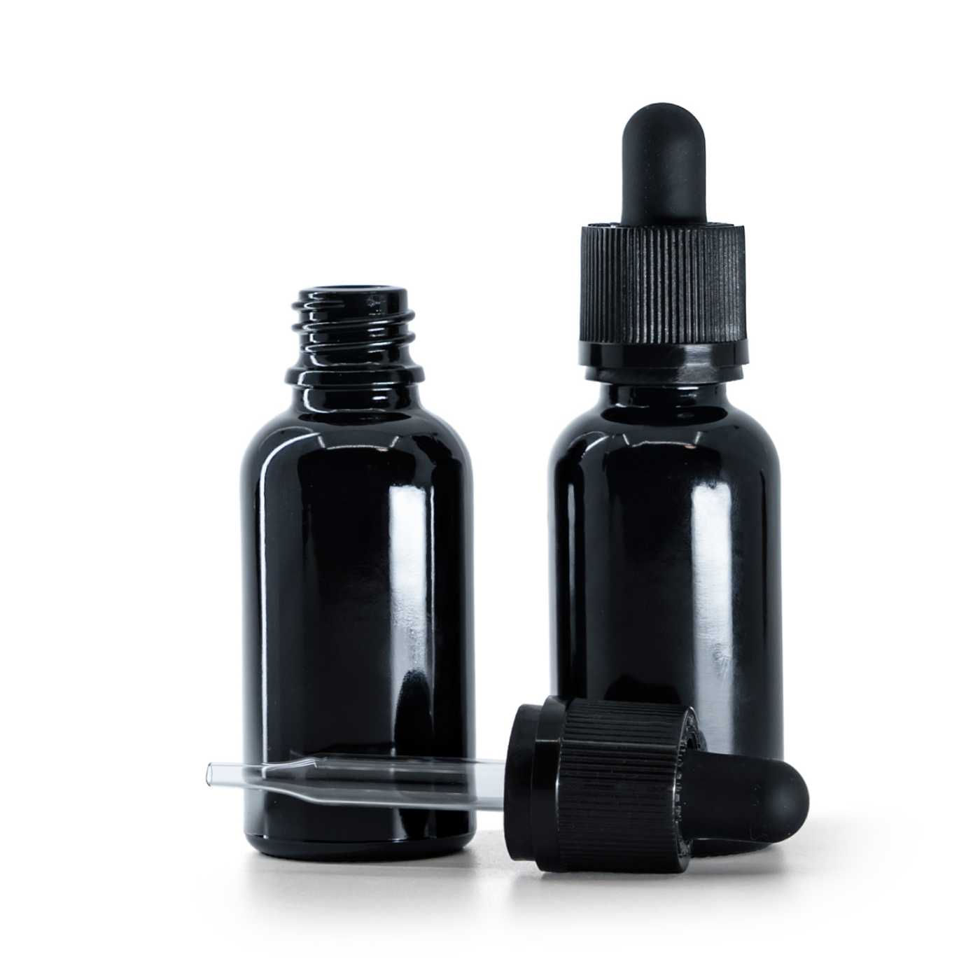 Skleněná lahvička černá lesklá s pipetou s pojistným kroužkem 30 ml