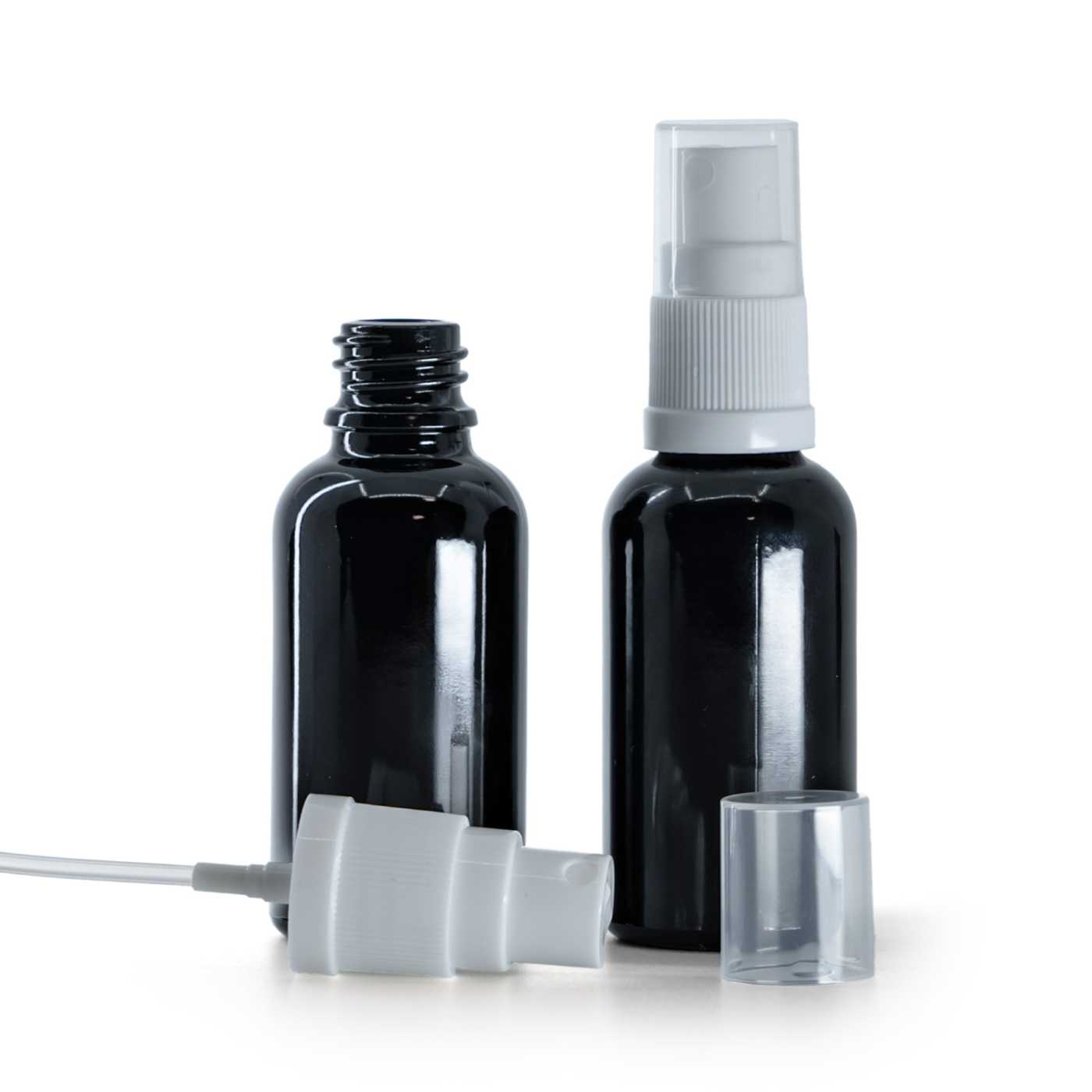 Butelka szklana, czarna błyszcząca, biały atomizer, 30 ml