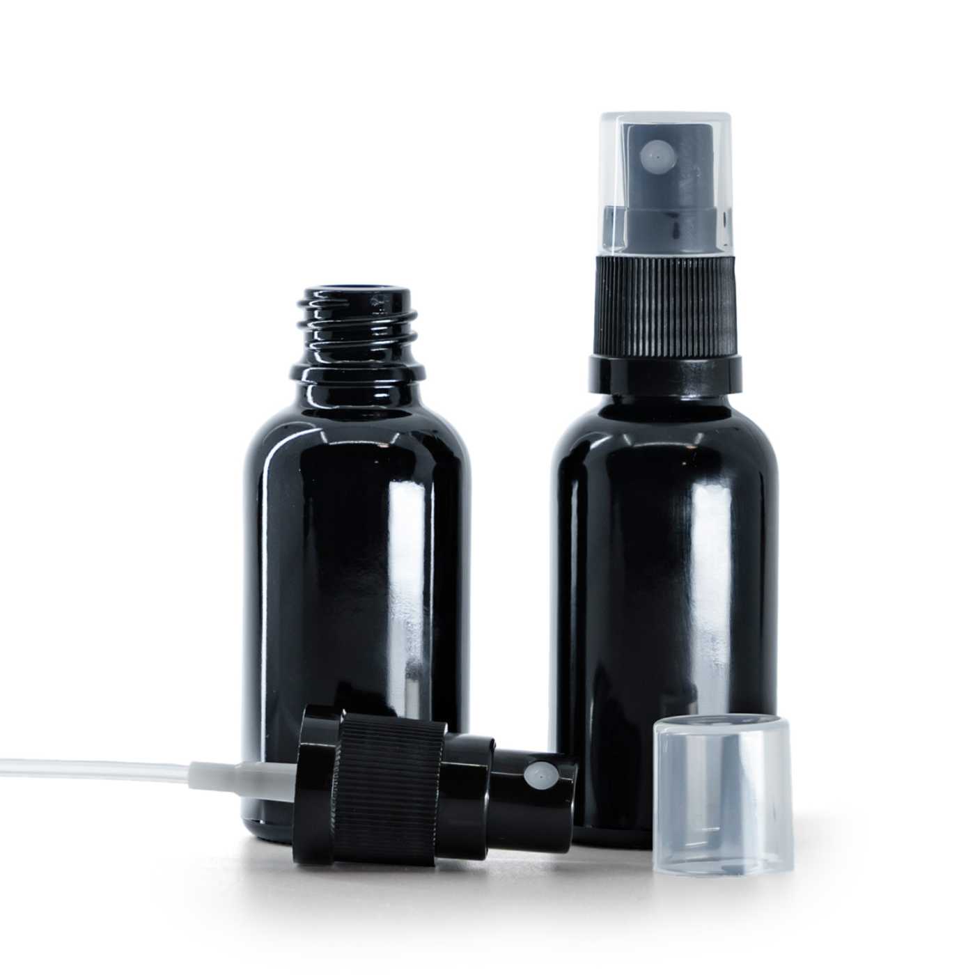 Butelka szklana, czarna błyszcząca, czarny atomizer, 30 ml