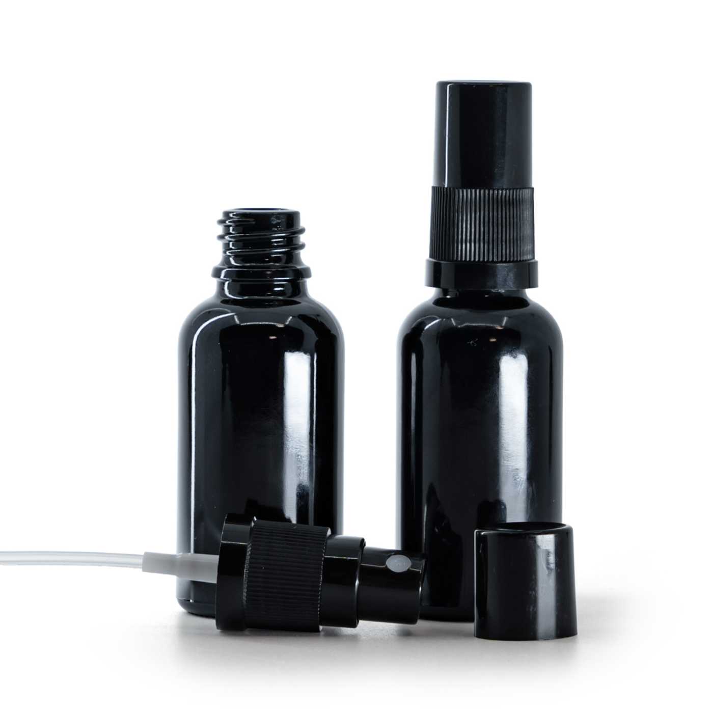 Skleněná lahvička, černá lesklá, rozprašovač, černý kryt, 30 ml