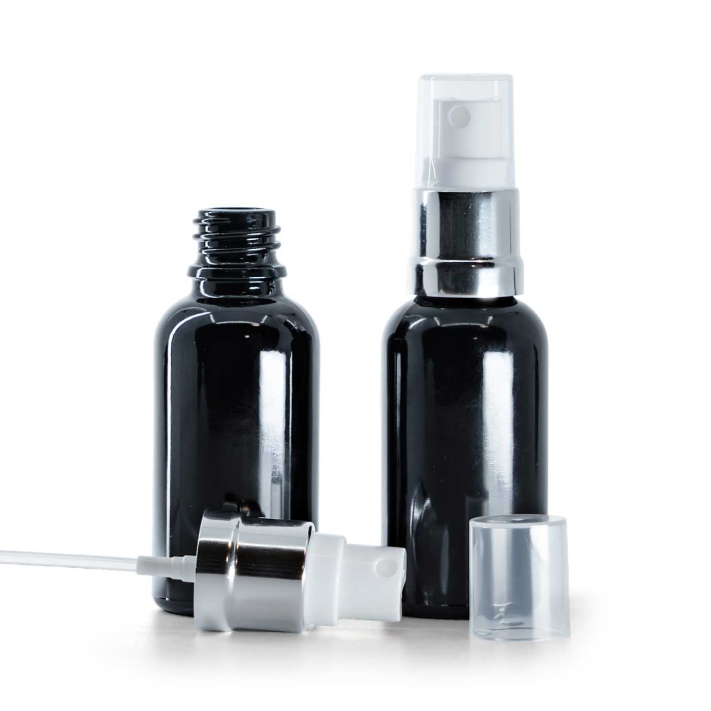 Sklenená fľaška, čierna lesklá, bielo-strieborný rozprašovač, 30 ml