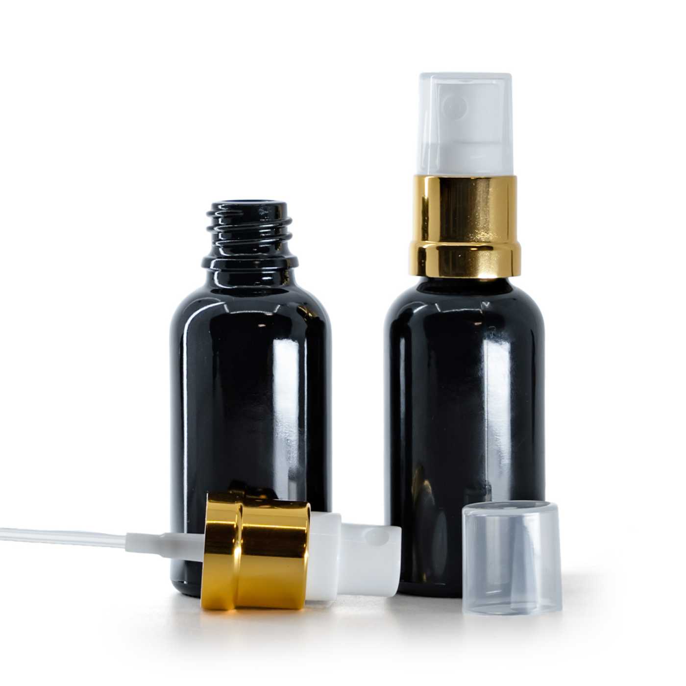Butelka szklana, czarna błyszcząca, biało-złoty atomizer, 30 ml