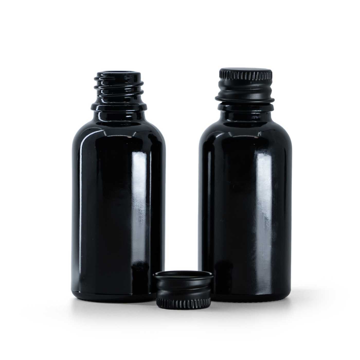 Butelka szklana, czarna błyszcząca, czarna nakrętka aluminiowa, 30 ml