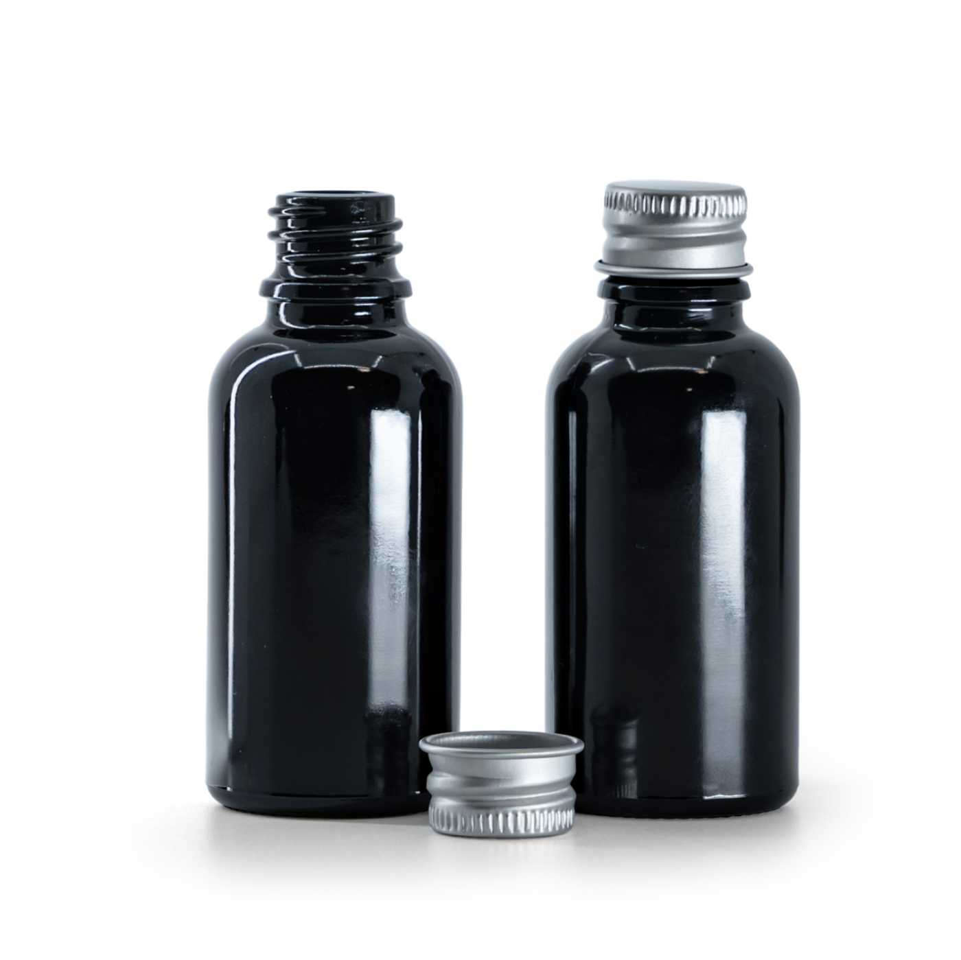 Butelka szklana, czarna błyszcząca, nakrętka aluminiowa, 30 ml