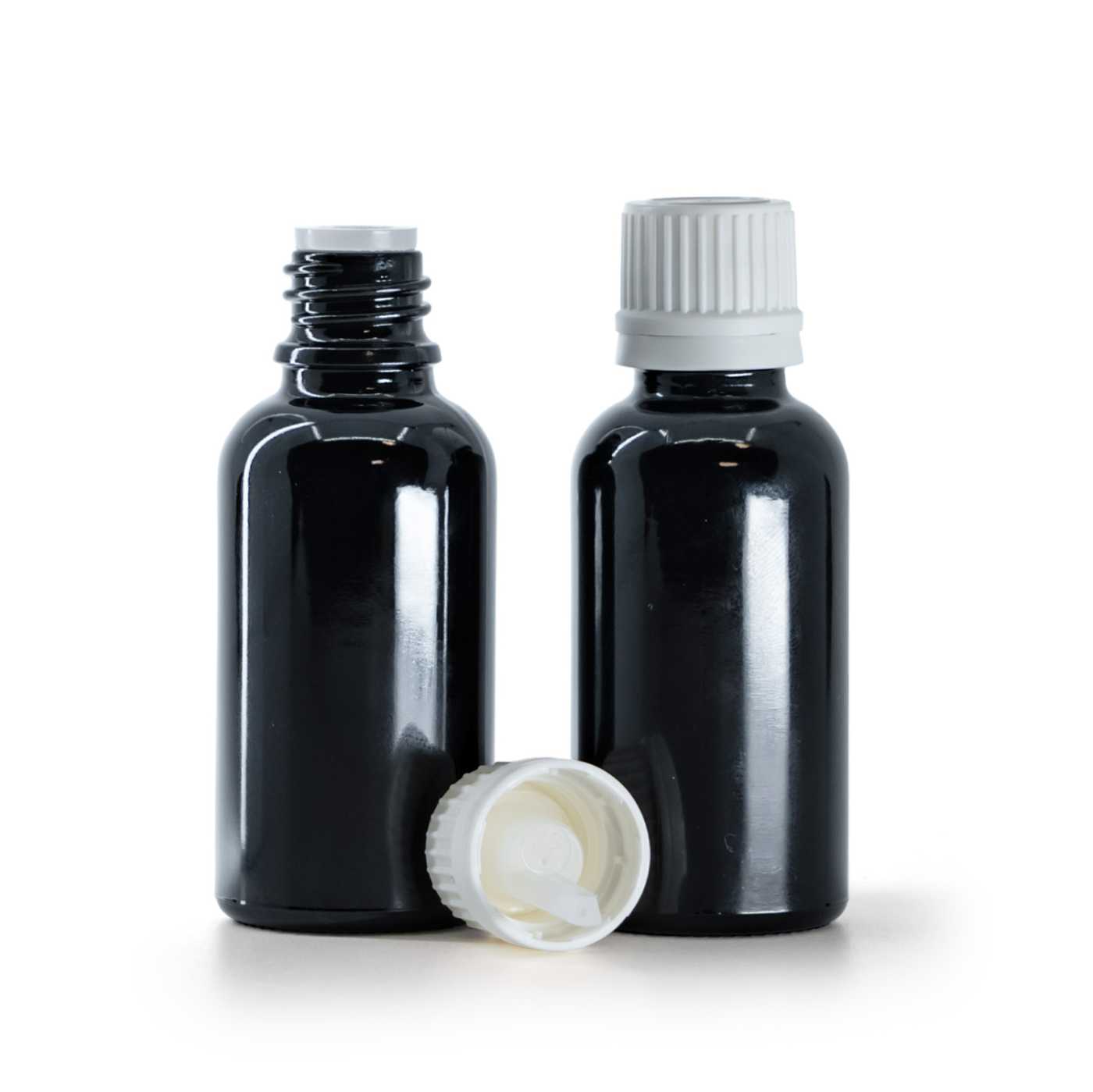 Sklenená fľaška, čierna lesklá, biely vrchnák s kvapátkom, 30 ml