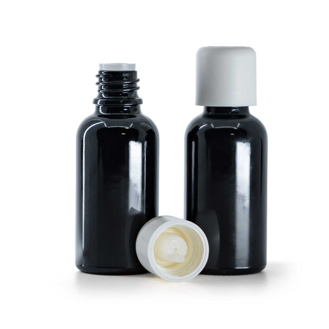 Butelka szklana, czarna błyszcząca, biała nakrętka z zabezpieczeniem, 30 ml